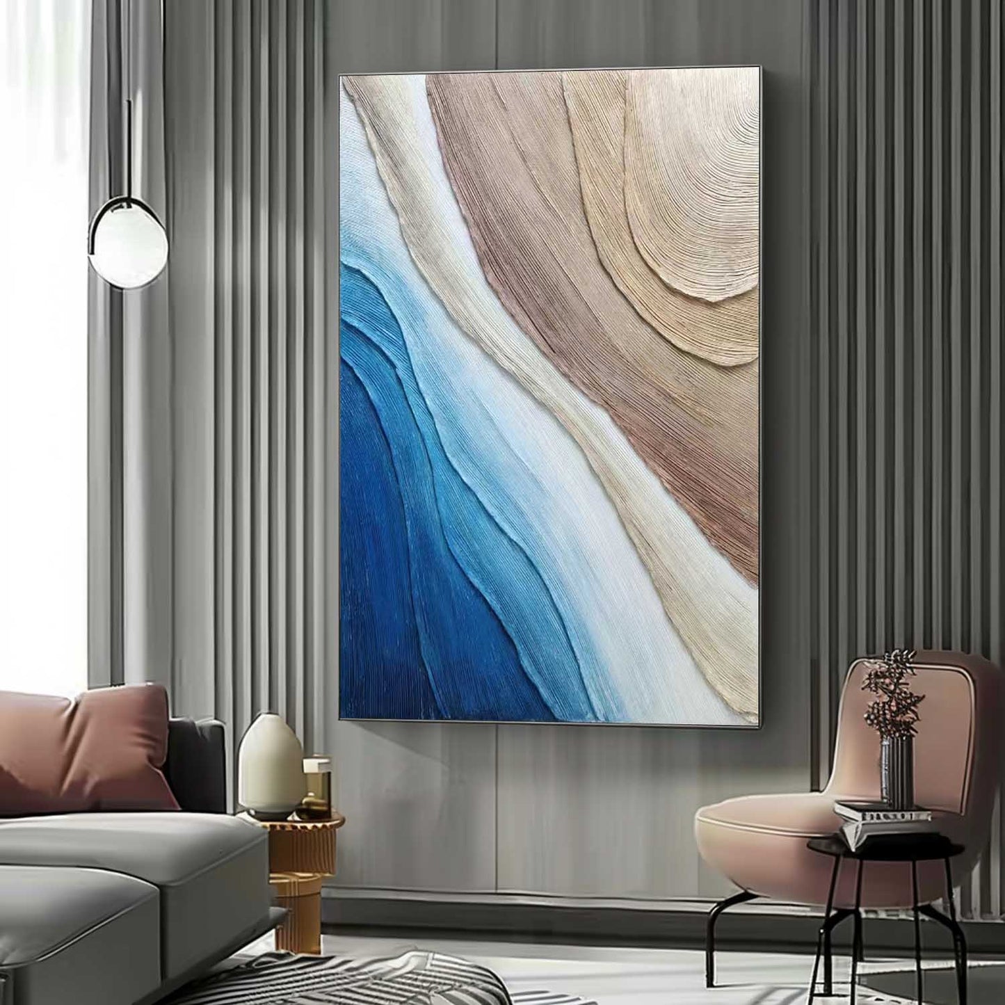 Abstract Ocean Waves Oil Painting with Textured Layers in Blues and Neutrals