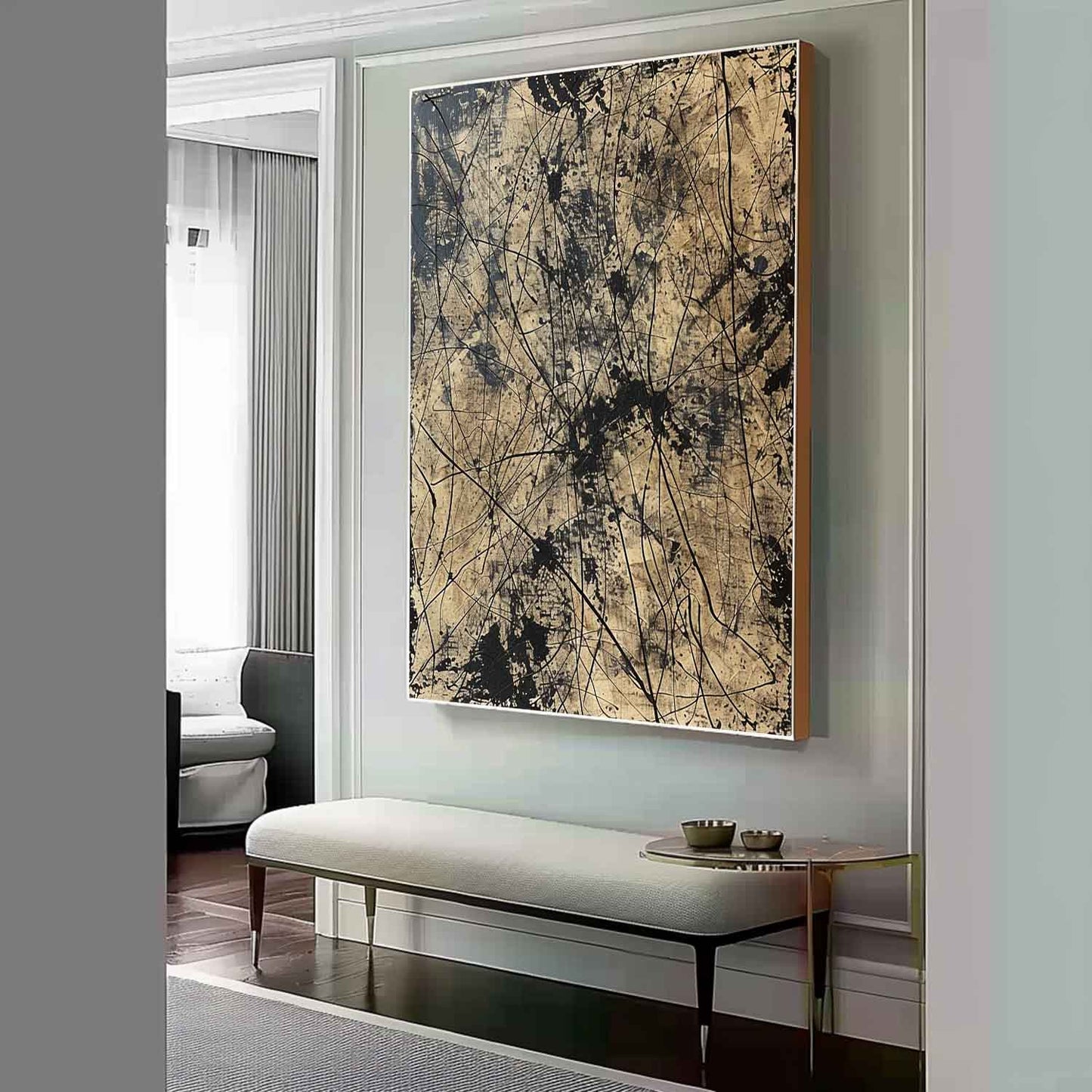 Bold Black and Gold Abstract Oil Painting for Modern Home Decor