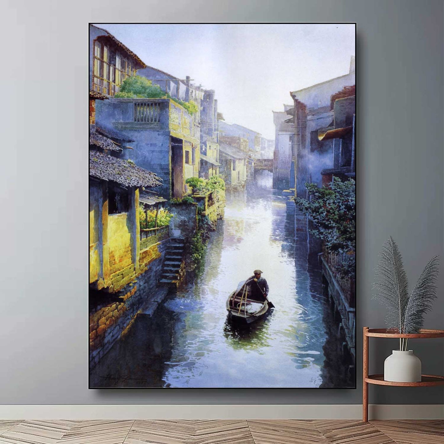 Tranquil Waterway: Stunning Hyperrealistic Oil Painting of a Serene Canal Scene