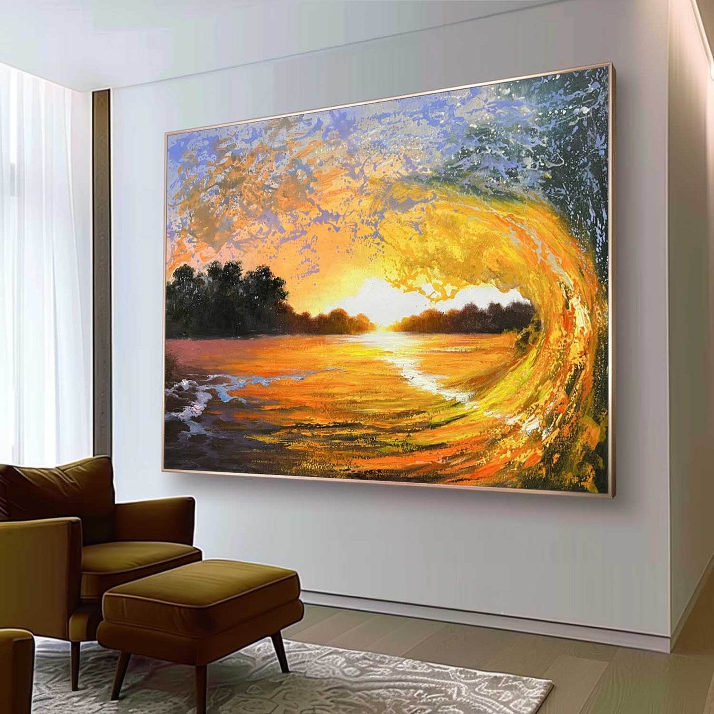 Vibrant Sunset Wave Oil Painting - Hyperrealistic Seascape Art for Home Decor