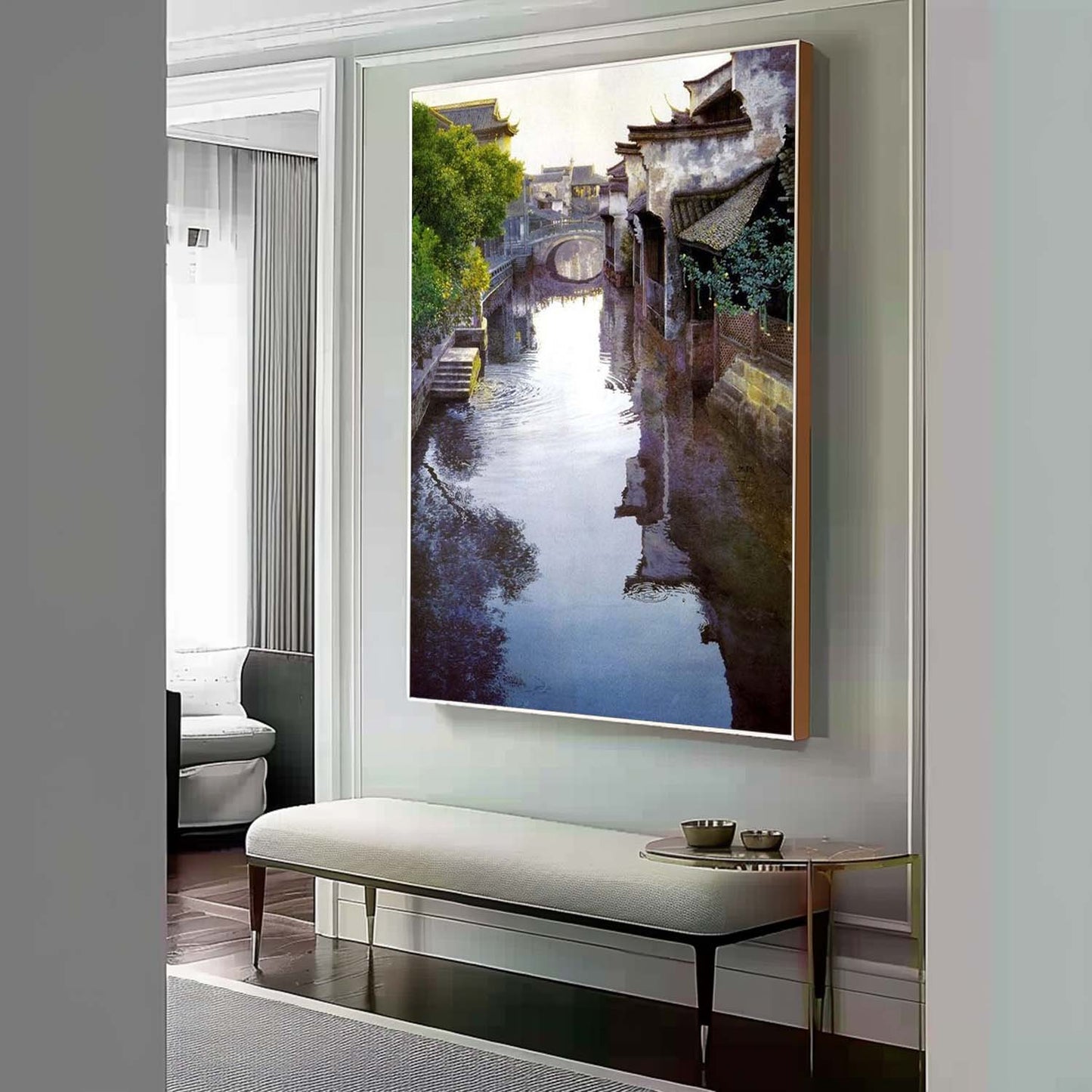 Tranquil Waterway Landscape Oil Painting in Hyperrealism Style