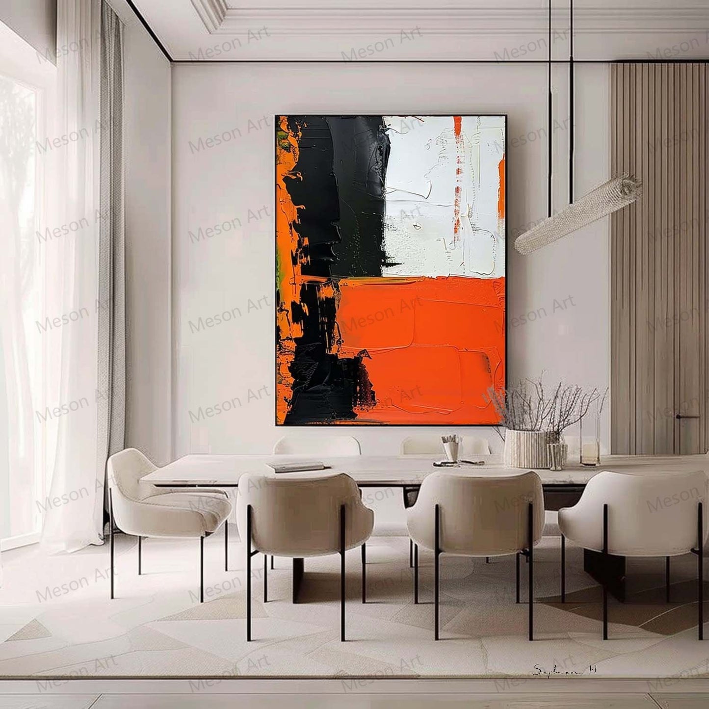 Bold Abstract Oil Painting with Black, White, and Orange Accents for Modern Decor