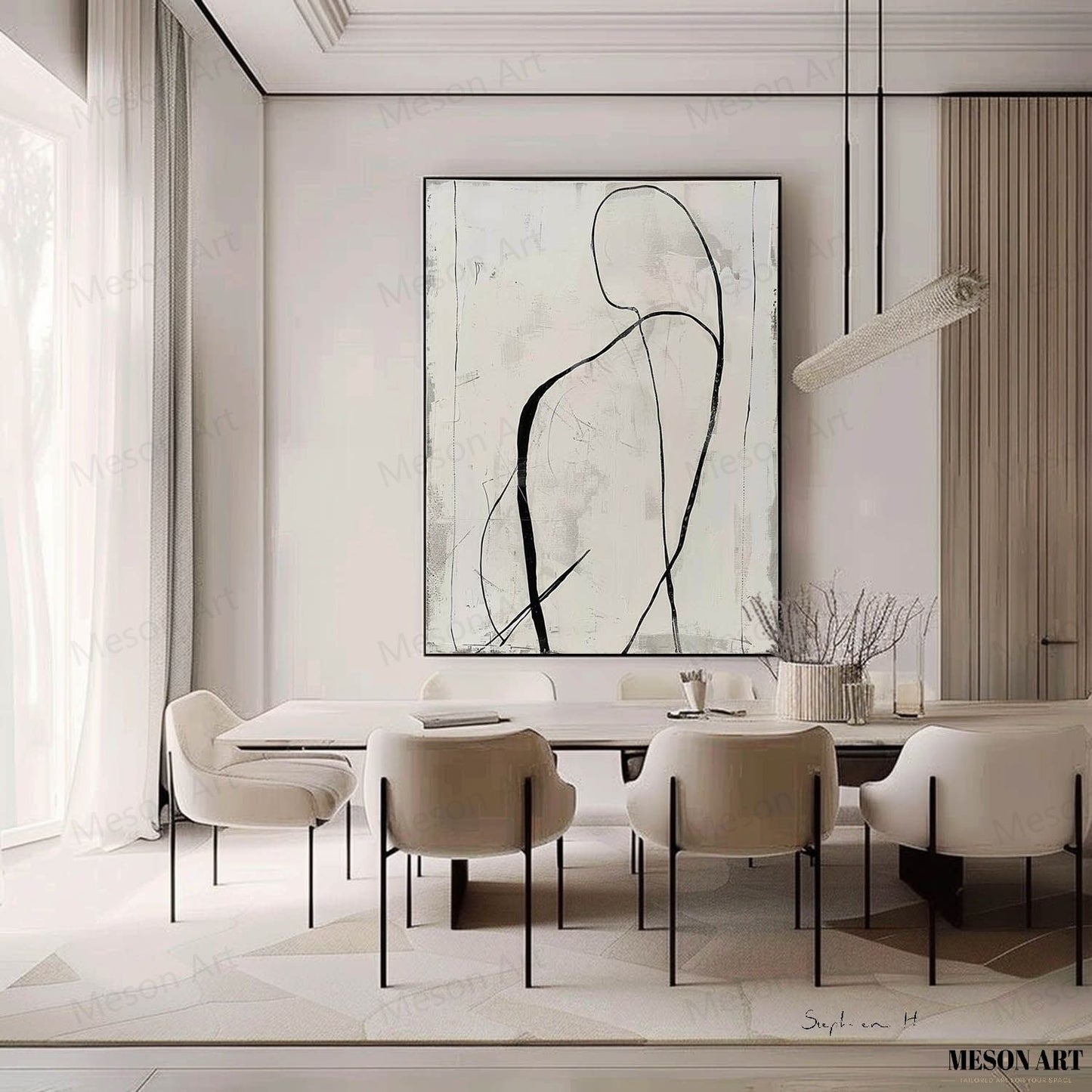 Elegant Black and White Abstract Minimalist Oil Painting for Modern Home Decor