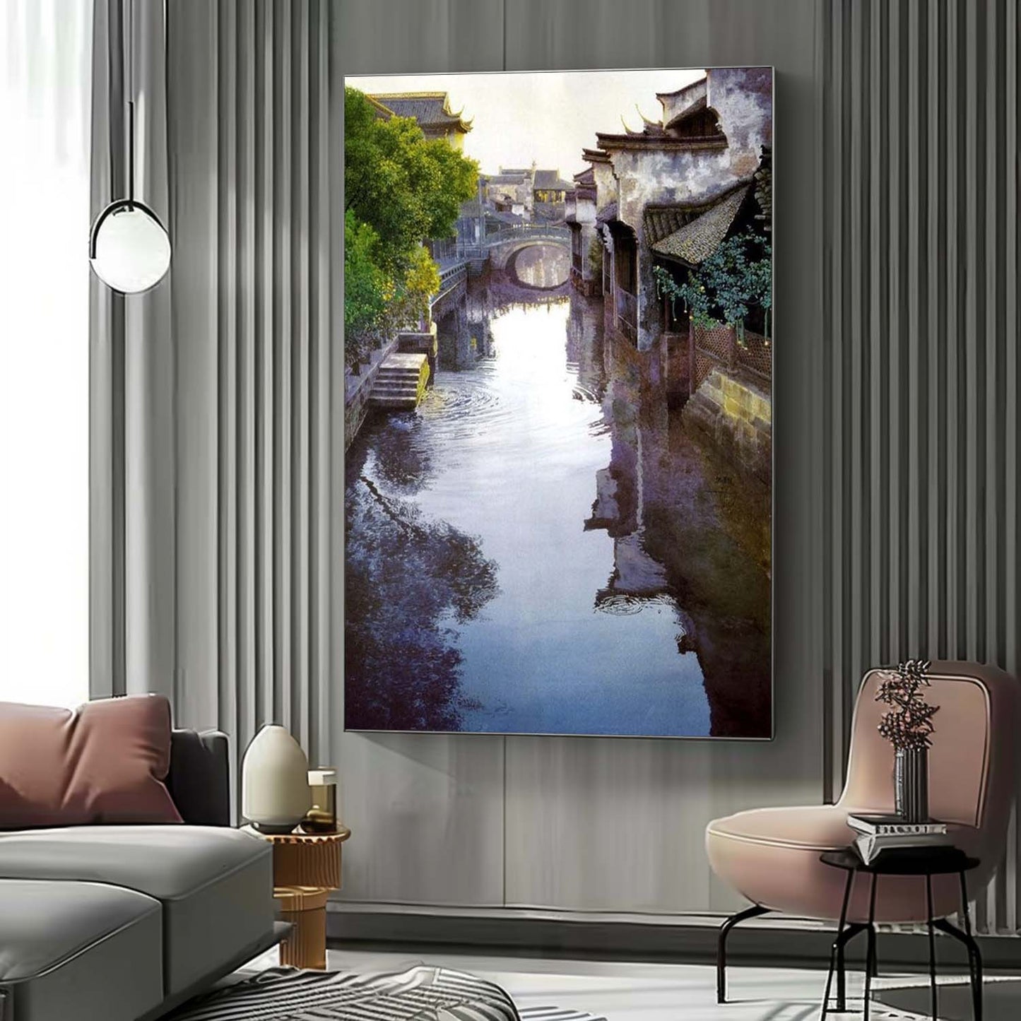 Tranquil Waterway Landscape Oil Painting in Hyperrealism Style