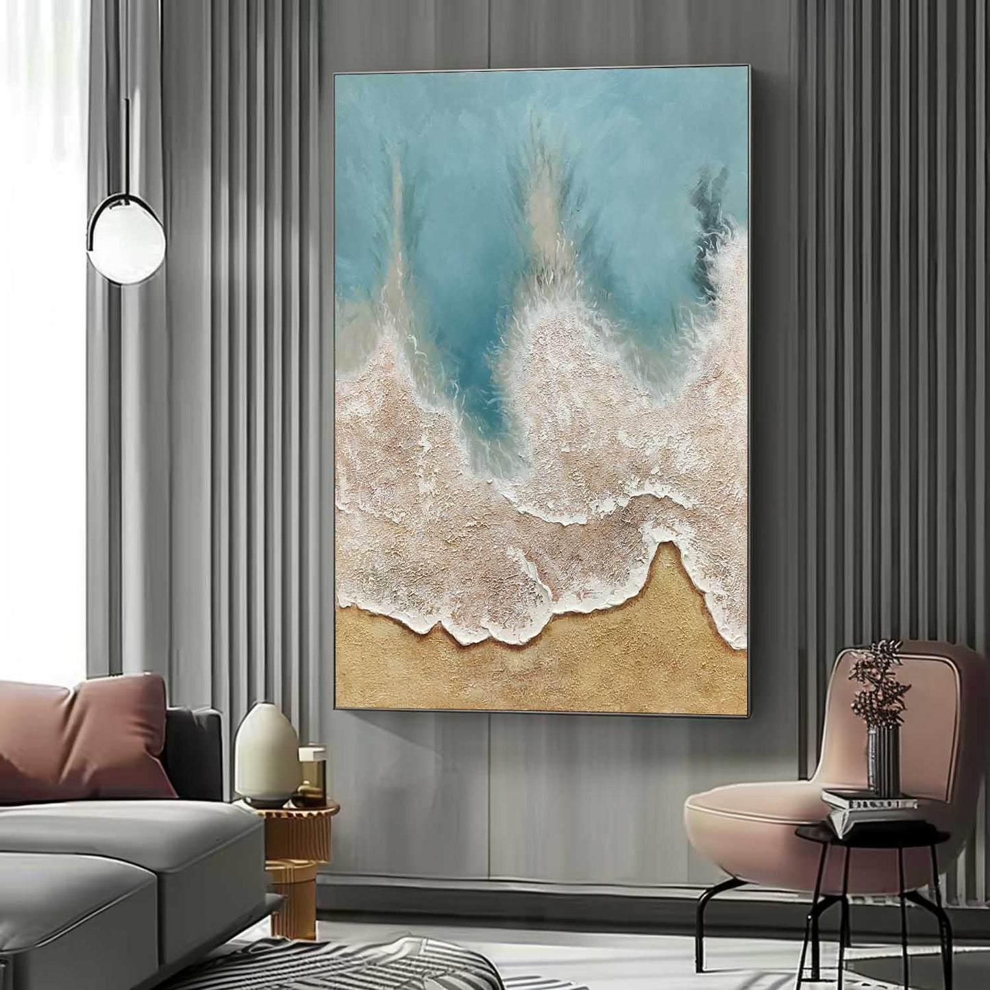 Coastal Serenity: Textured Ocean Waves Oil Painting for Home Decor