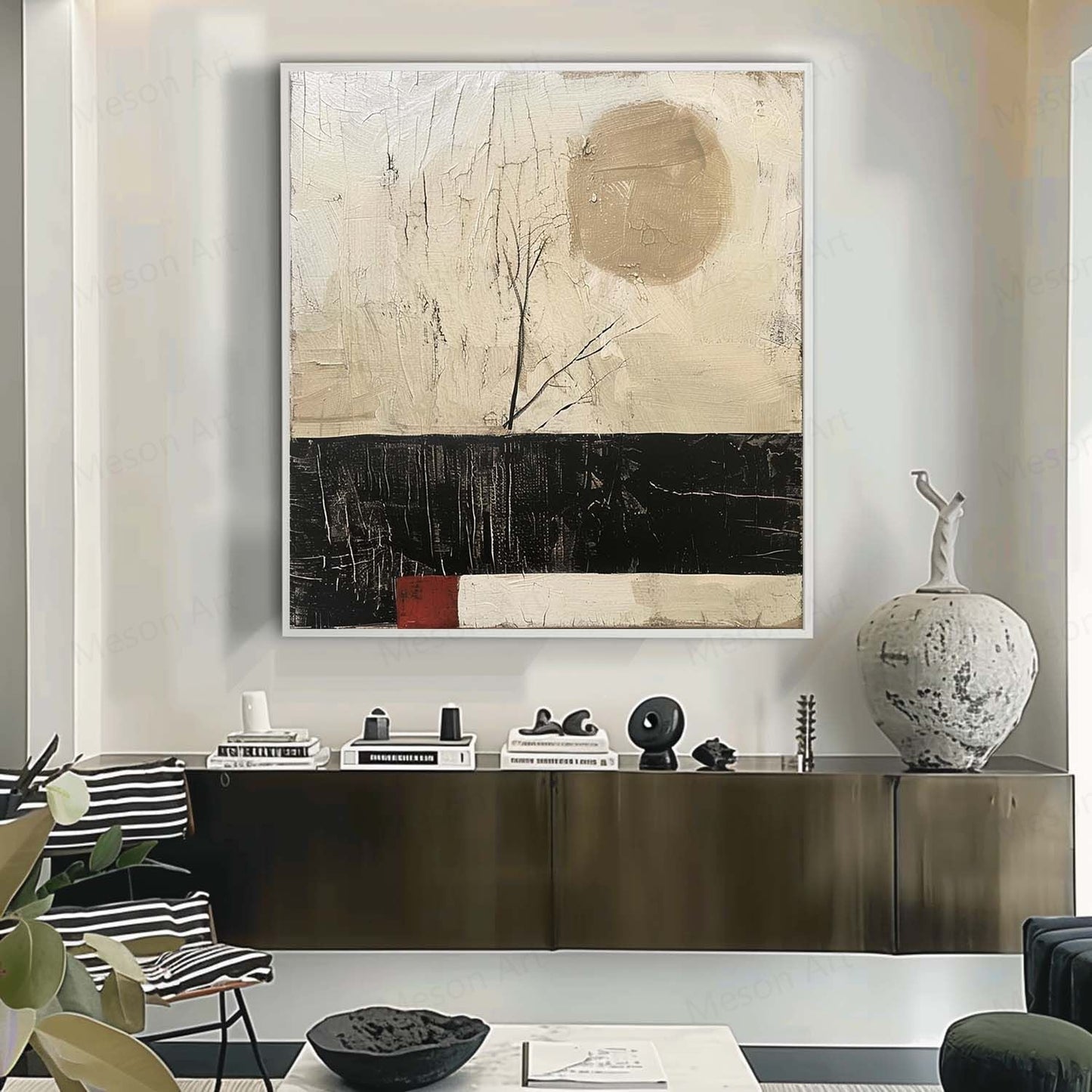 Serene Abstract Oil Painting with Minimalist Landscape and Earthy Tones Decor