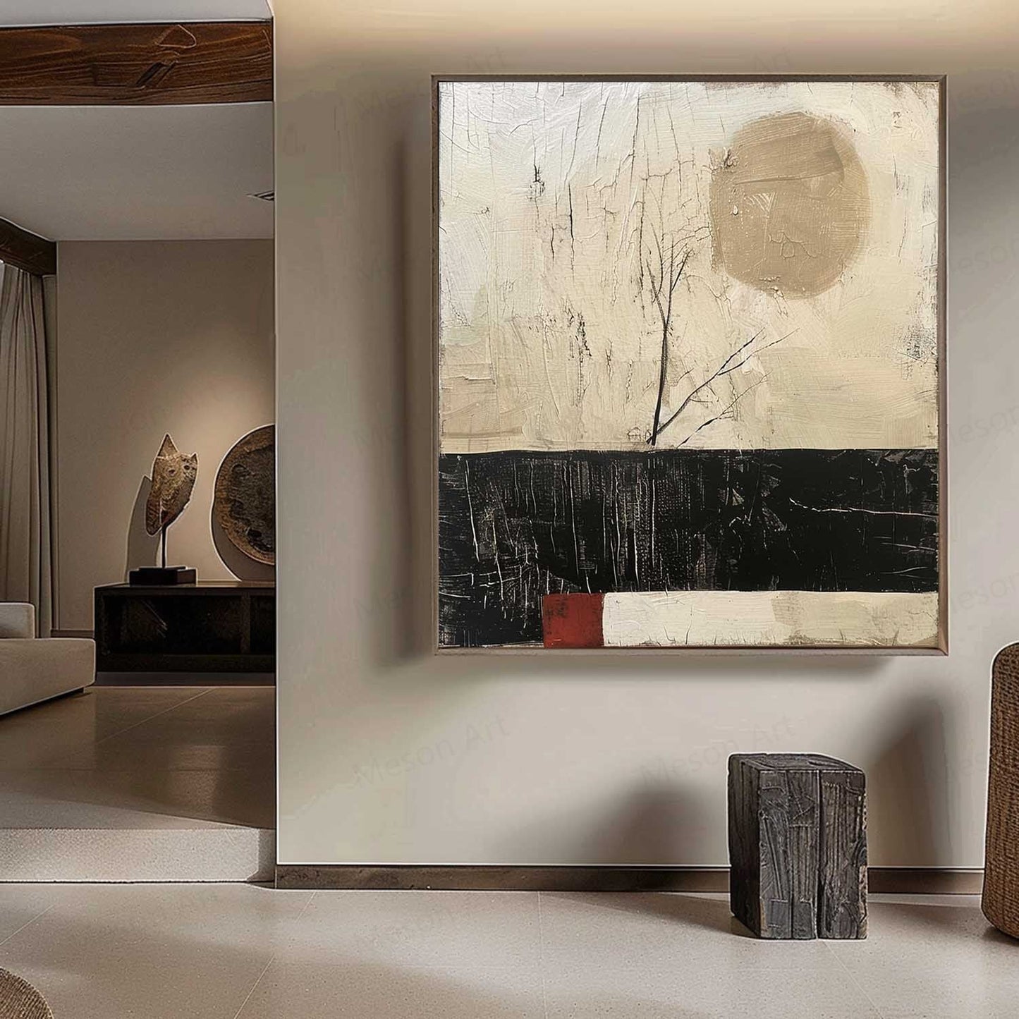 Serene Abstract Oil Painting with Minimalist Landscape and Earthy Tones Decor