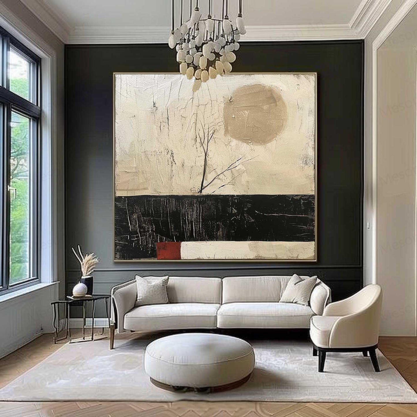 Serene Abstract Oil Painting with Minimalist Landscape and Earthy Tones Decor