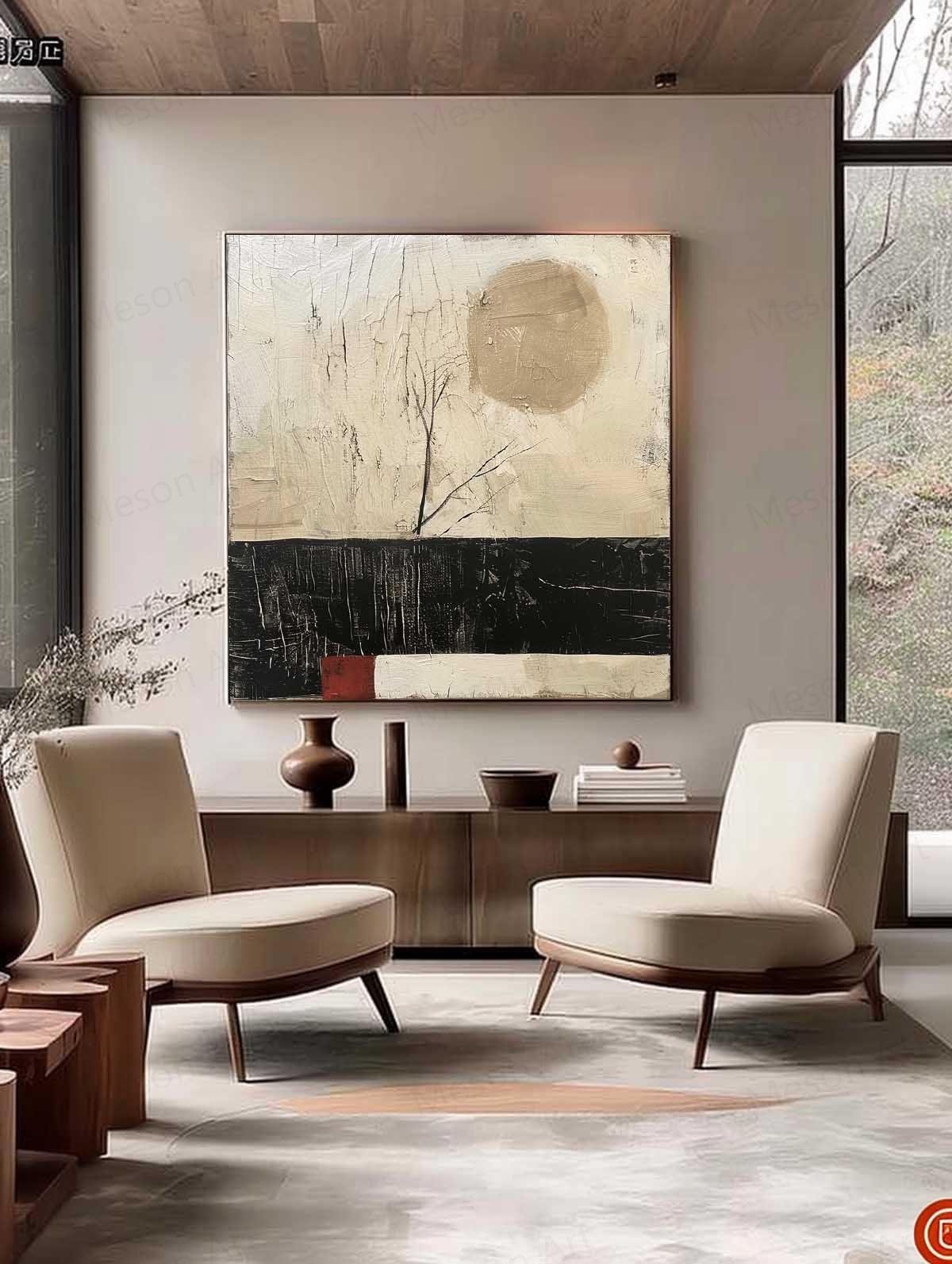 Serene Abstract Oil Painting with Minimalist Landscape and Earthy Tones Decor