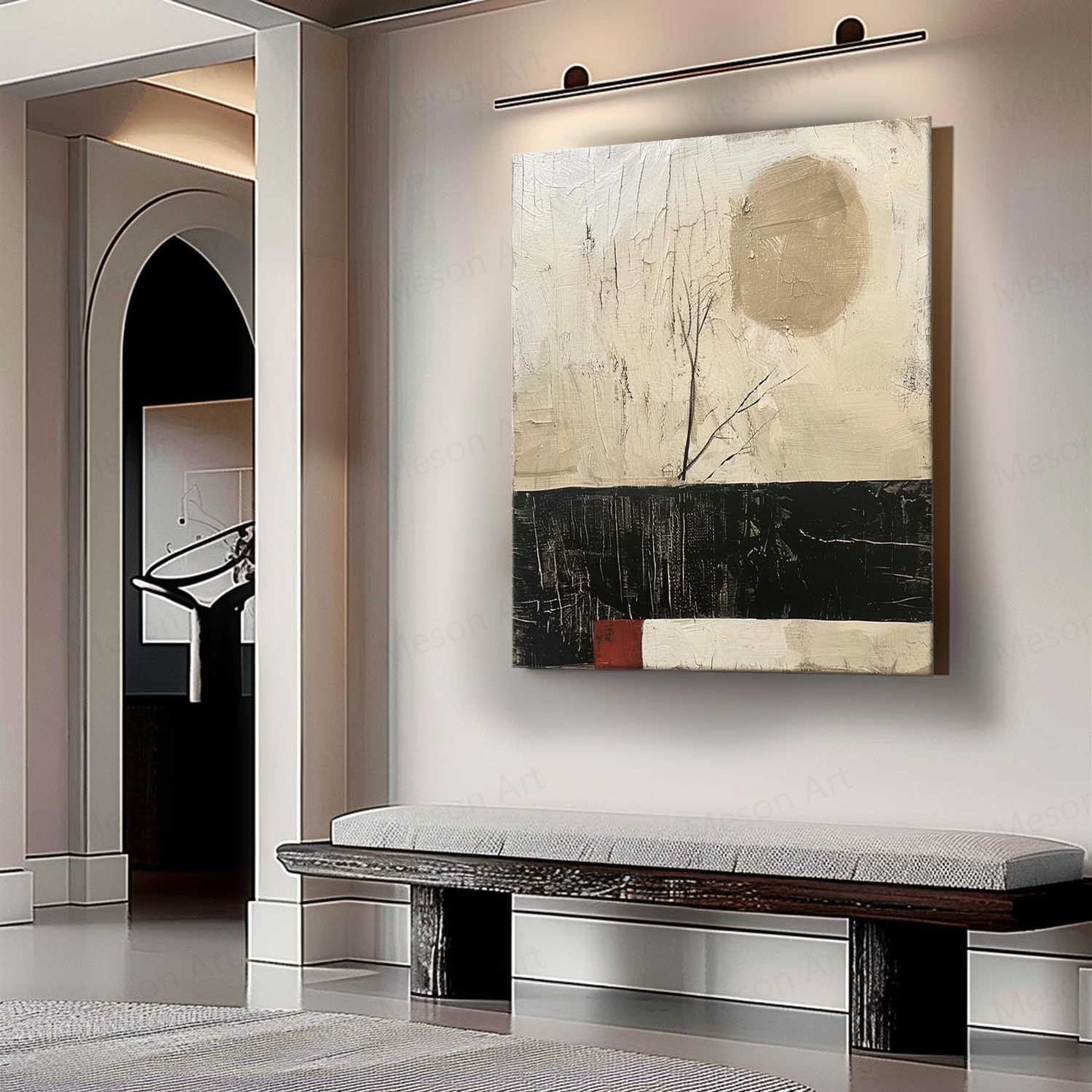 Serene Abstract Oil Painting with Minimalist Landscape and Earthy Tones Decor