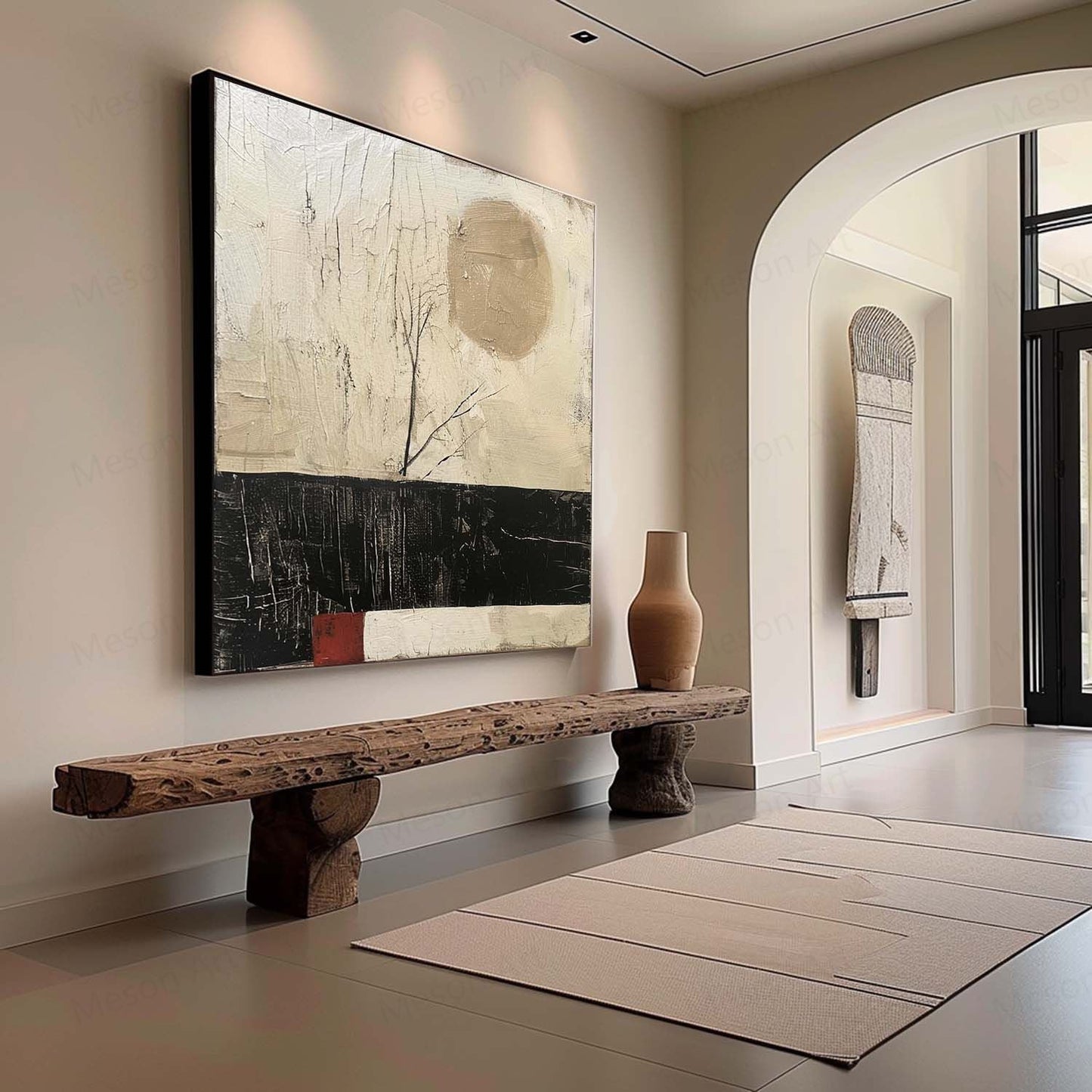 Serene Abstract Oil Painting with Minimalist Landscape and Earthy Tones Decor