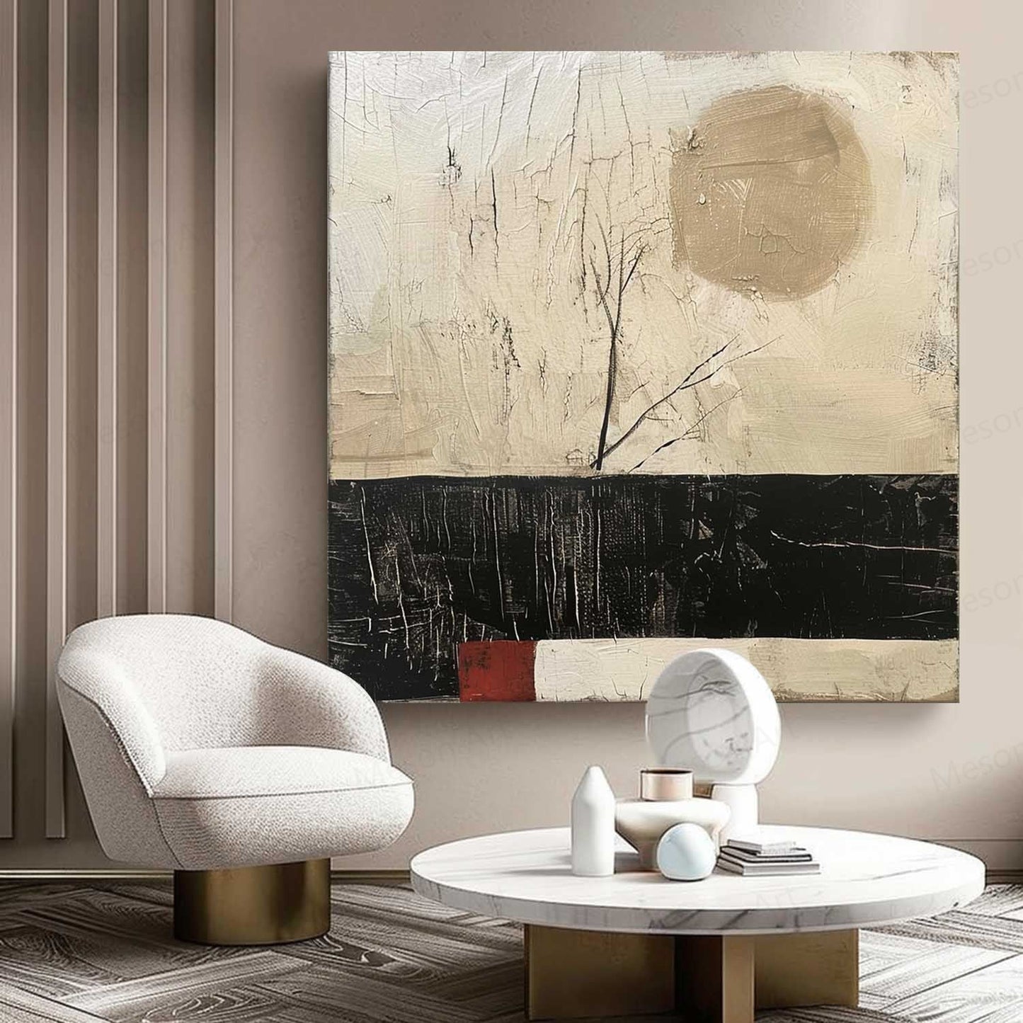 Serene Abstract Oil Painting with Minimalist Landscape and Earthy Tones Decor