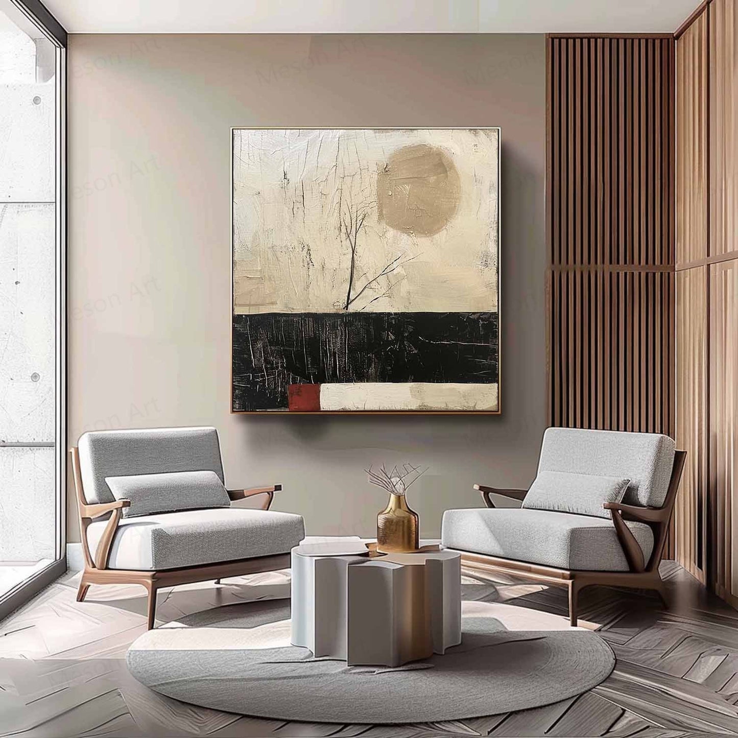 Serene Abstract Oil Painting with Minimalist Landscape and Earthy Tones Decor