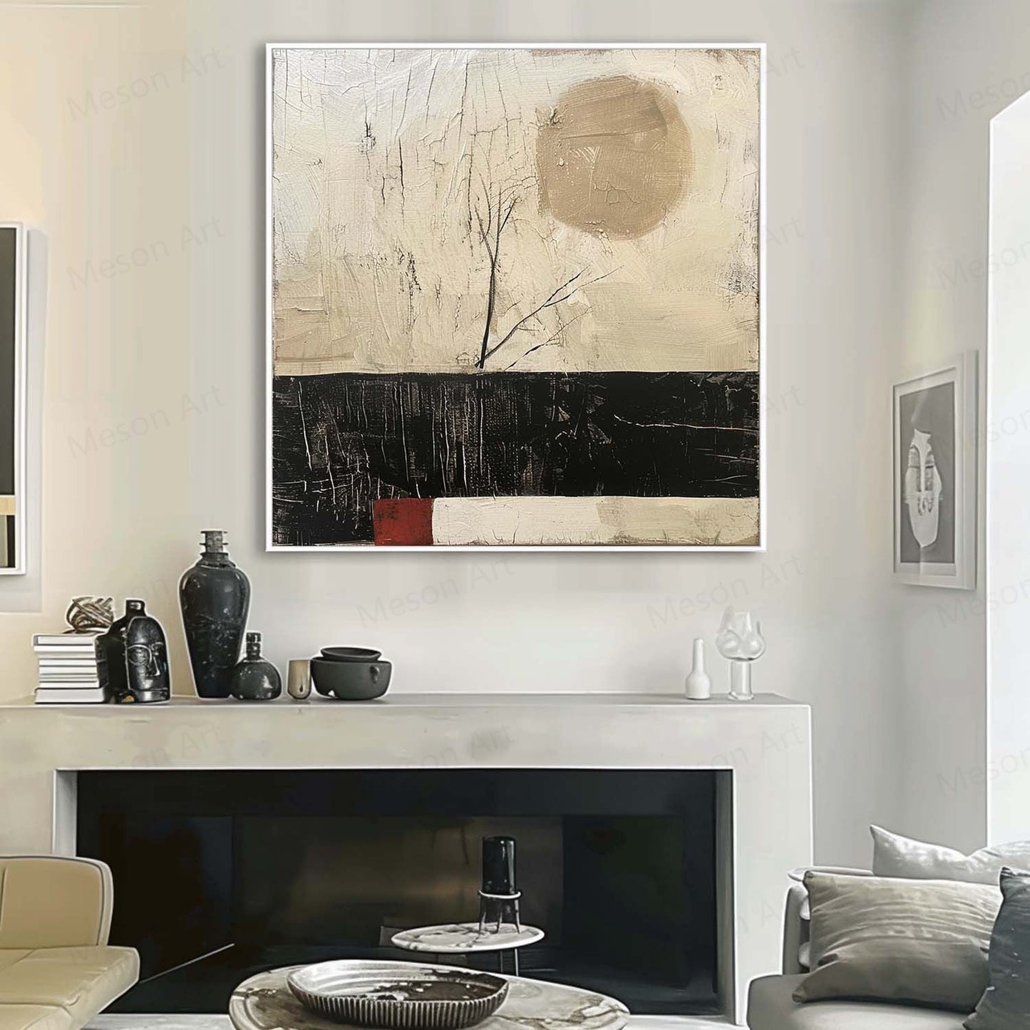 Serene Abstract Oil Painting with Minimalist Landscape and Earthy Tones Decor