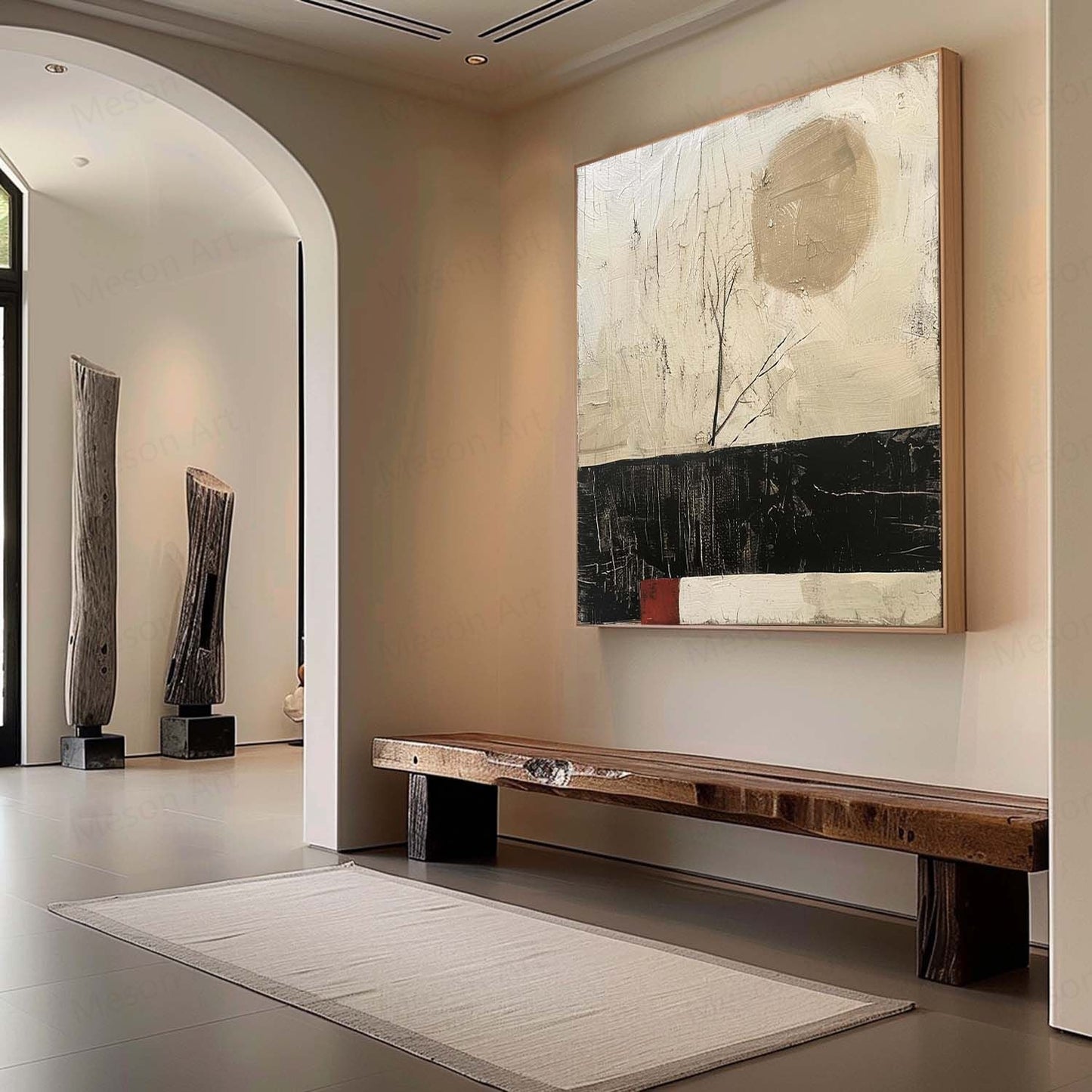 Serene Abstract Oil Painting with Minimalist Landscape and Earthy Tones Decor