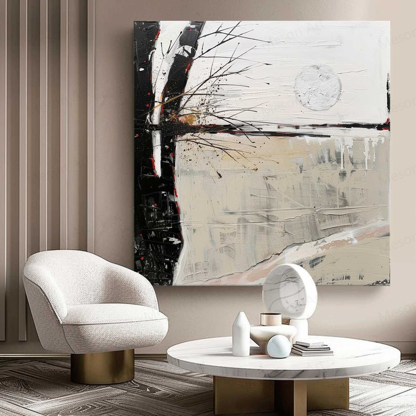 Serene Abstract Landscape Oil Painting with Moonlit Reflection and Minimalist Style