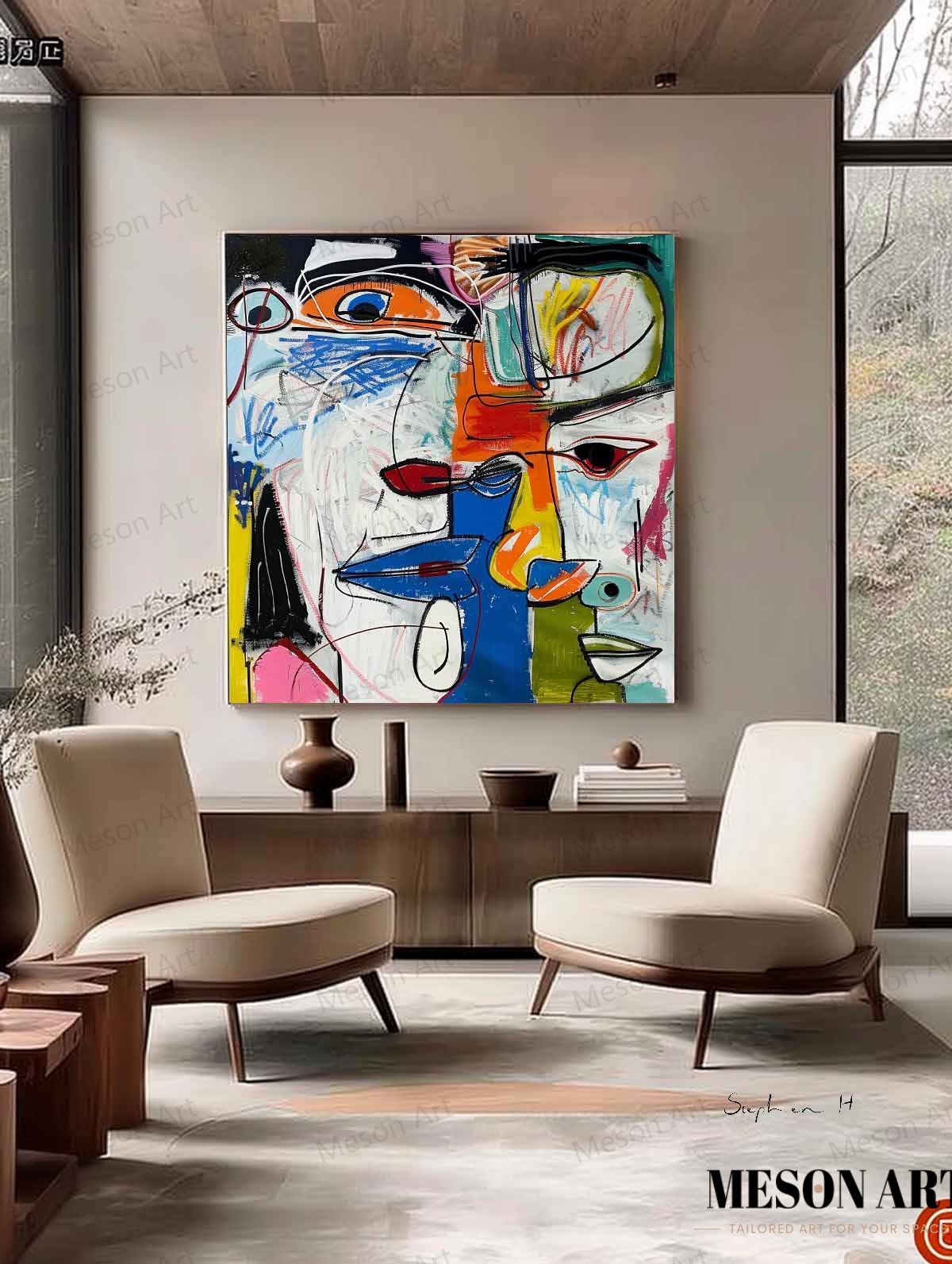 Colorful Abstract Faces Oil Painting for Modern Art Decor