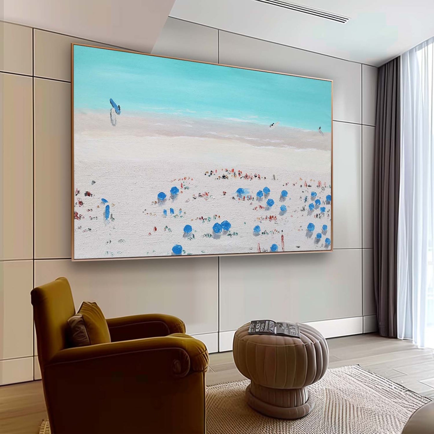 Vibrant Beach Scene Oil Painting with Colorful Umbrellas and Soft Sky