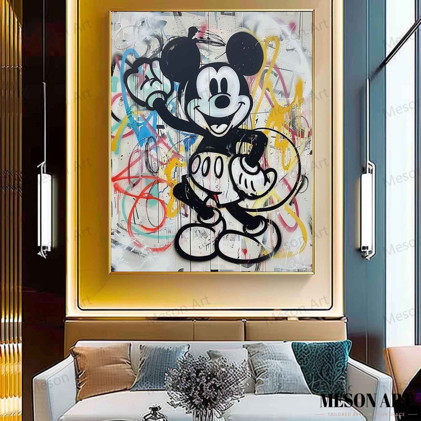 Colorful Pop Art Mickey Mouse on Canvas - Modern Abstract Oil Painting for Home Decor