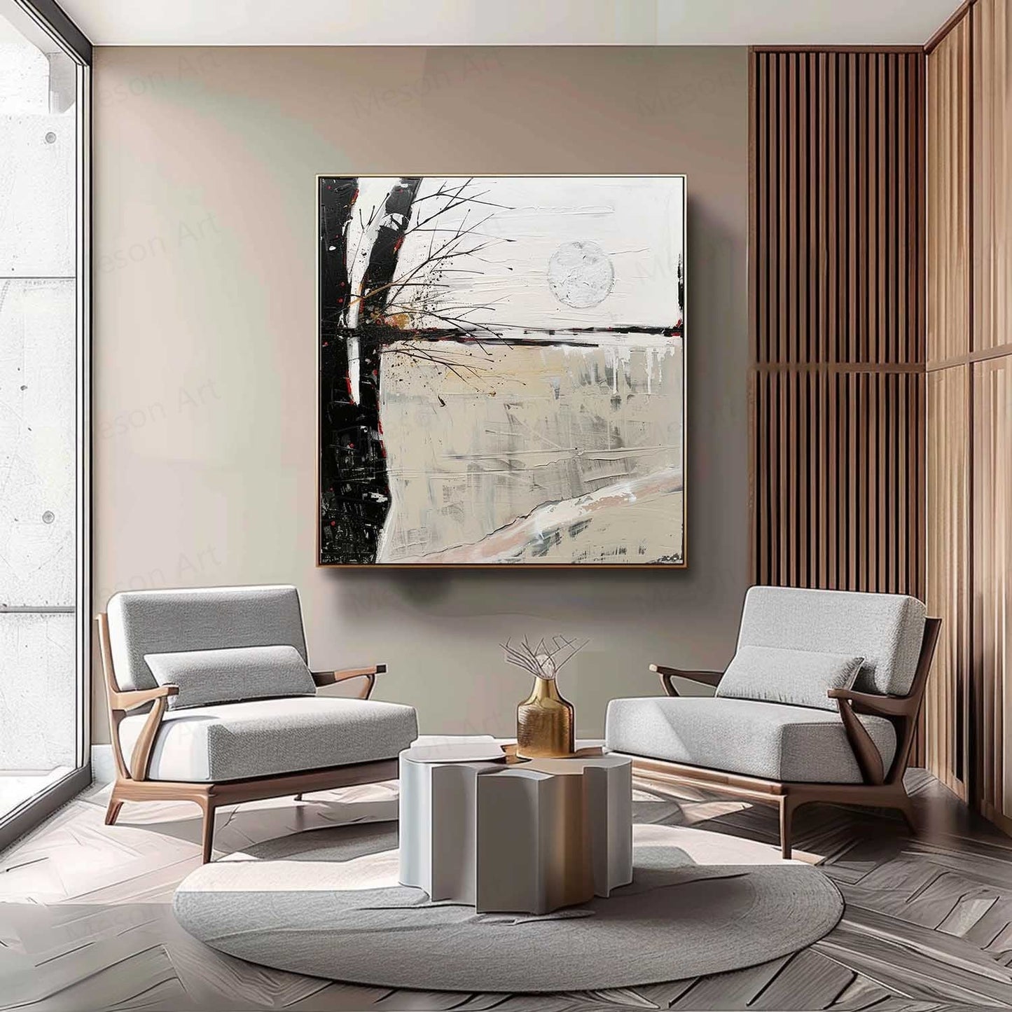 Serene Abstract Landscape Oil Painting with Moonlit Reflection and Minimalist Style
