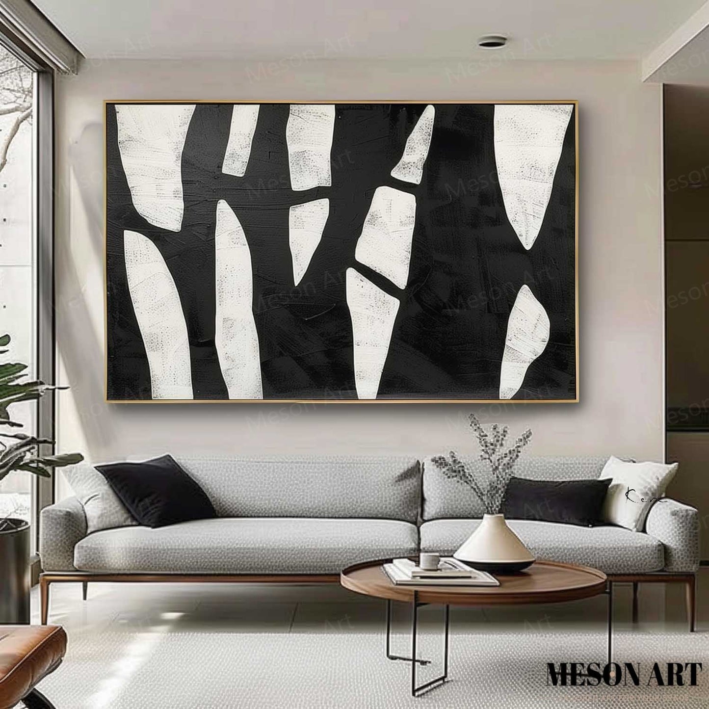 Black and White Contemporary Minimalist Oil Painting for Modern Home Decor