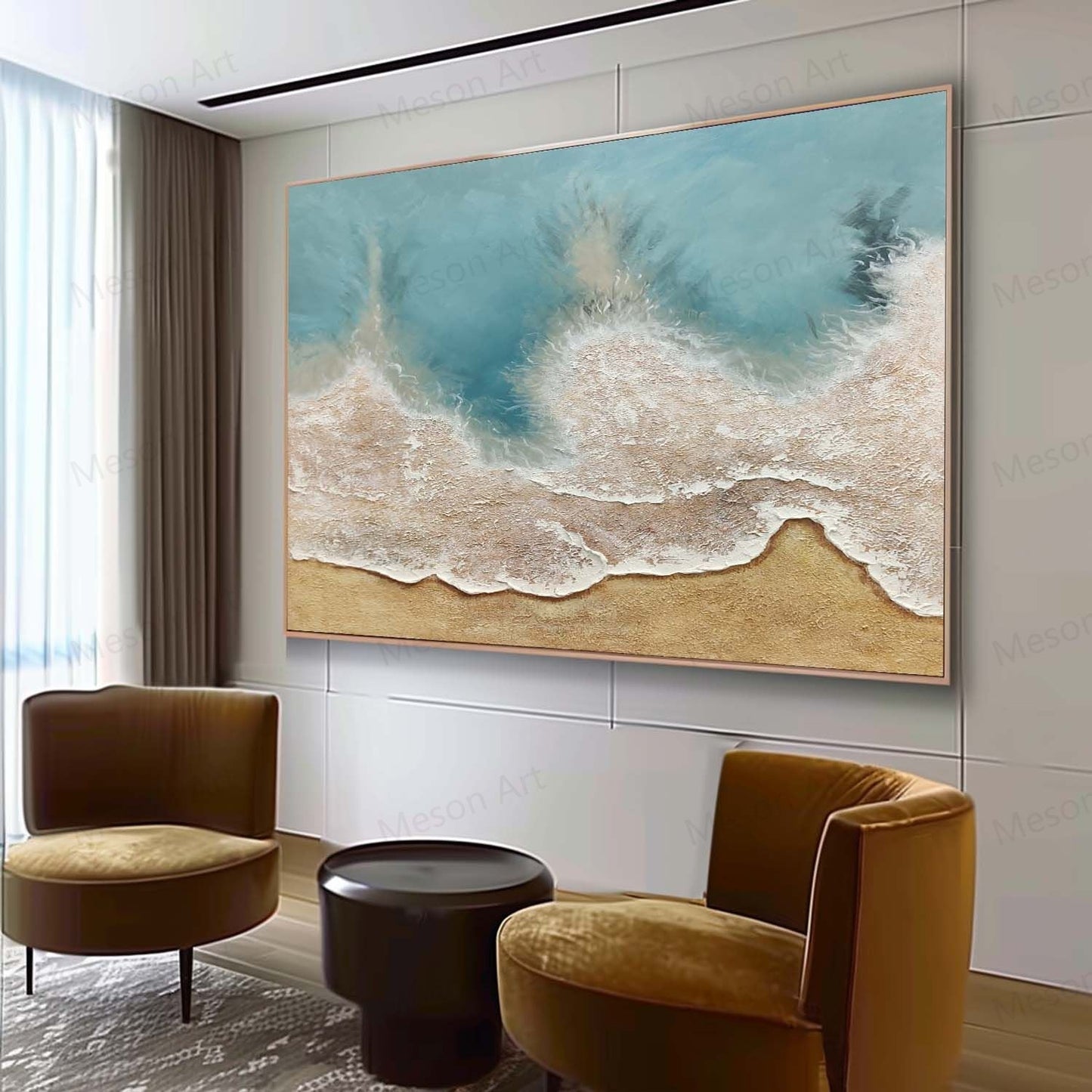 Coastal Serenity: Textured Oil Painting of Beach Waves and Sand