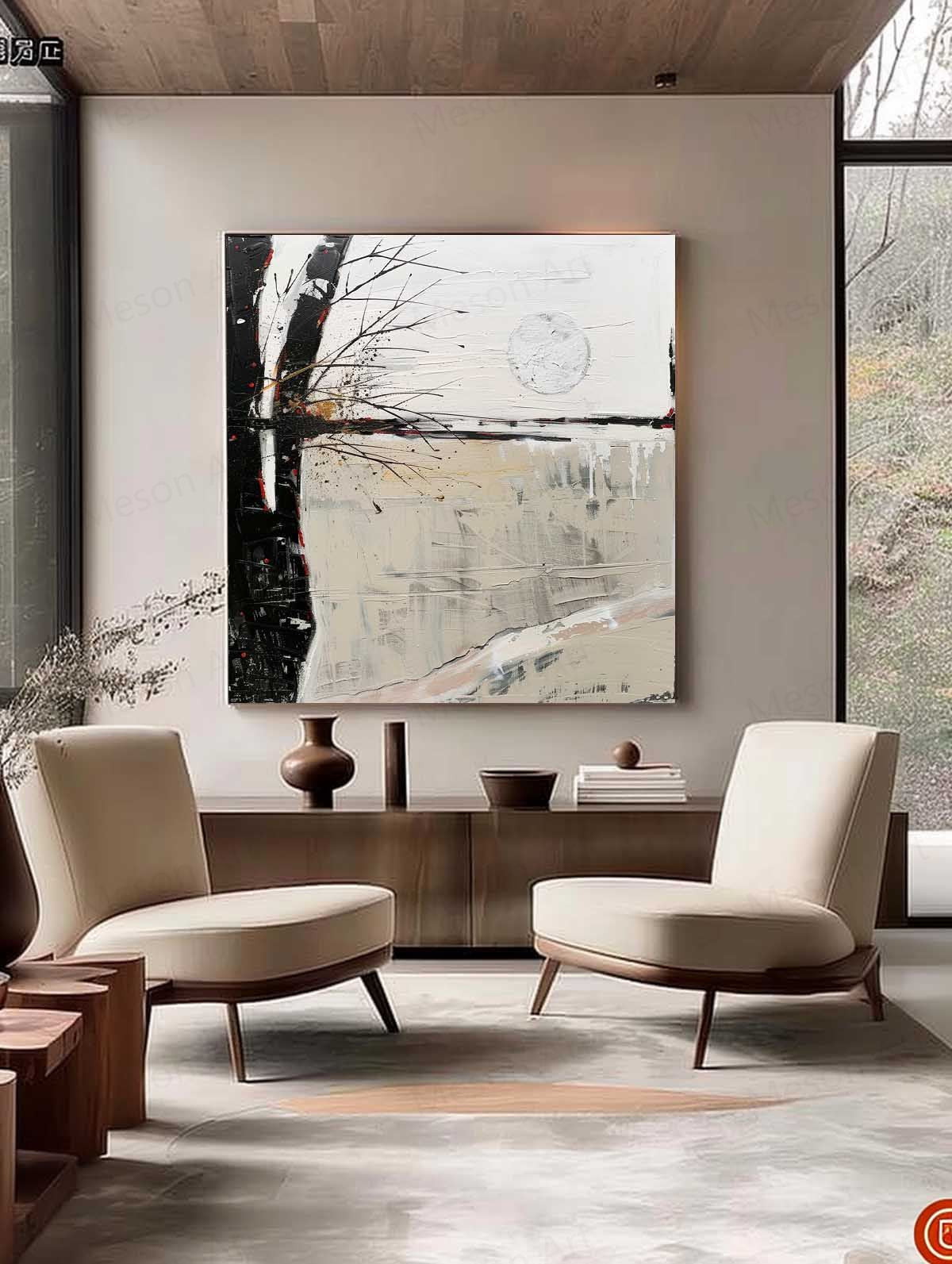 Serene Abstract Landscape Oil Painting with Moonlit Reflection and Minimalist Style
