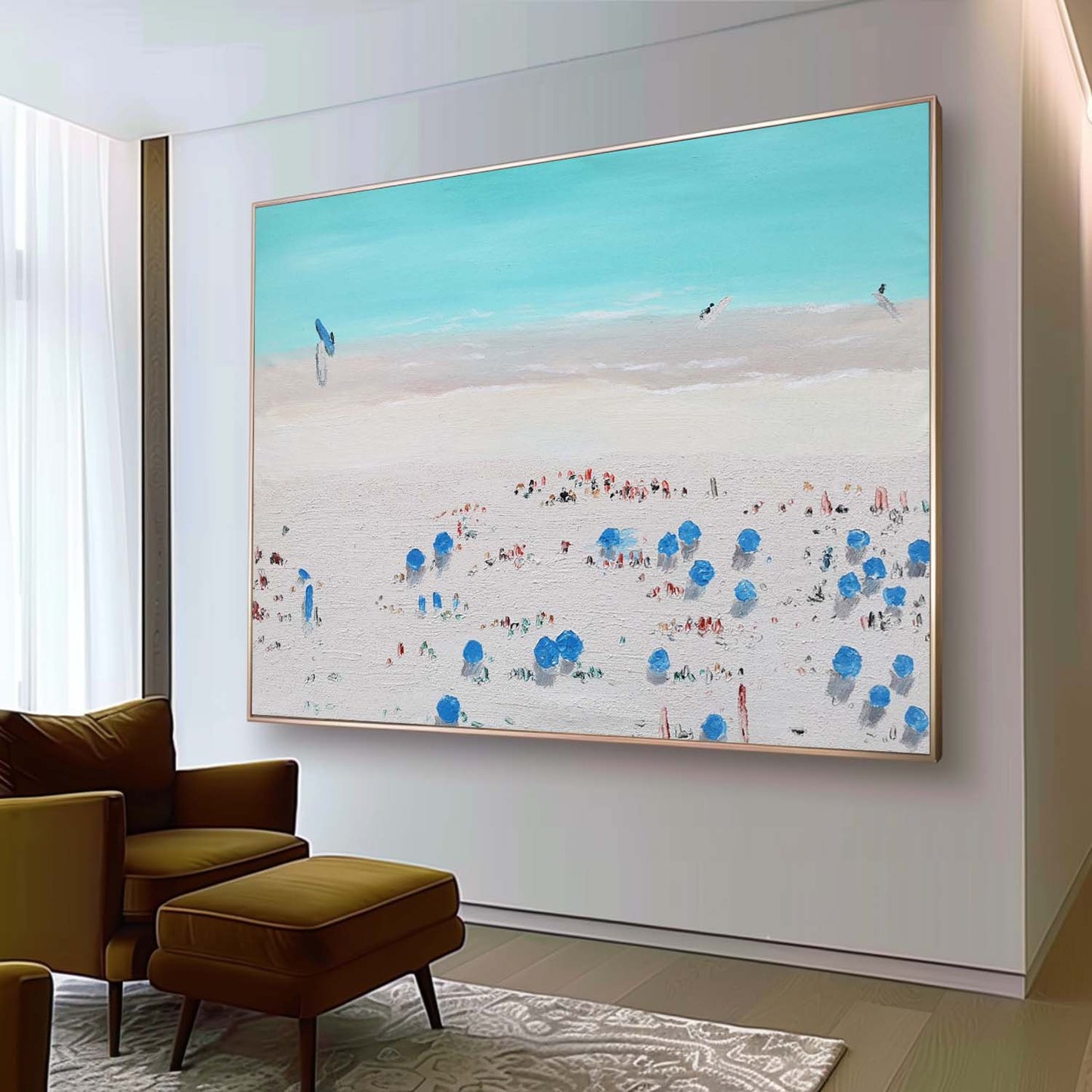 Vibrant Beach Scene Oil Painting with Colorful Umbrellas and Soft Sky