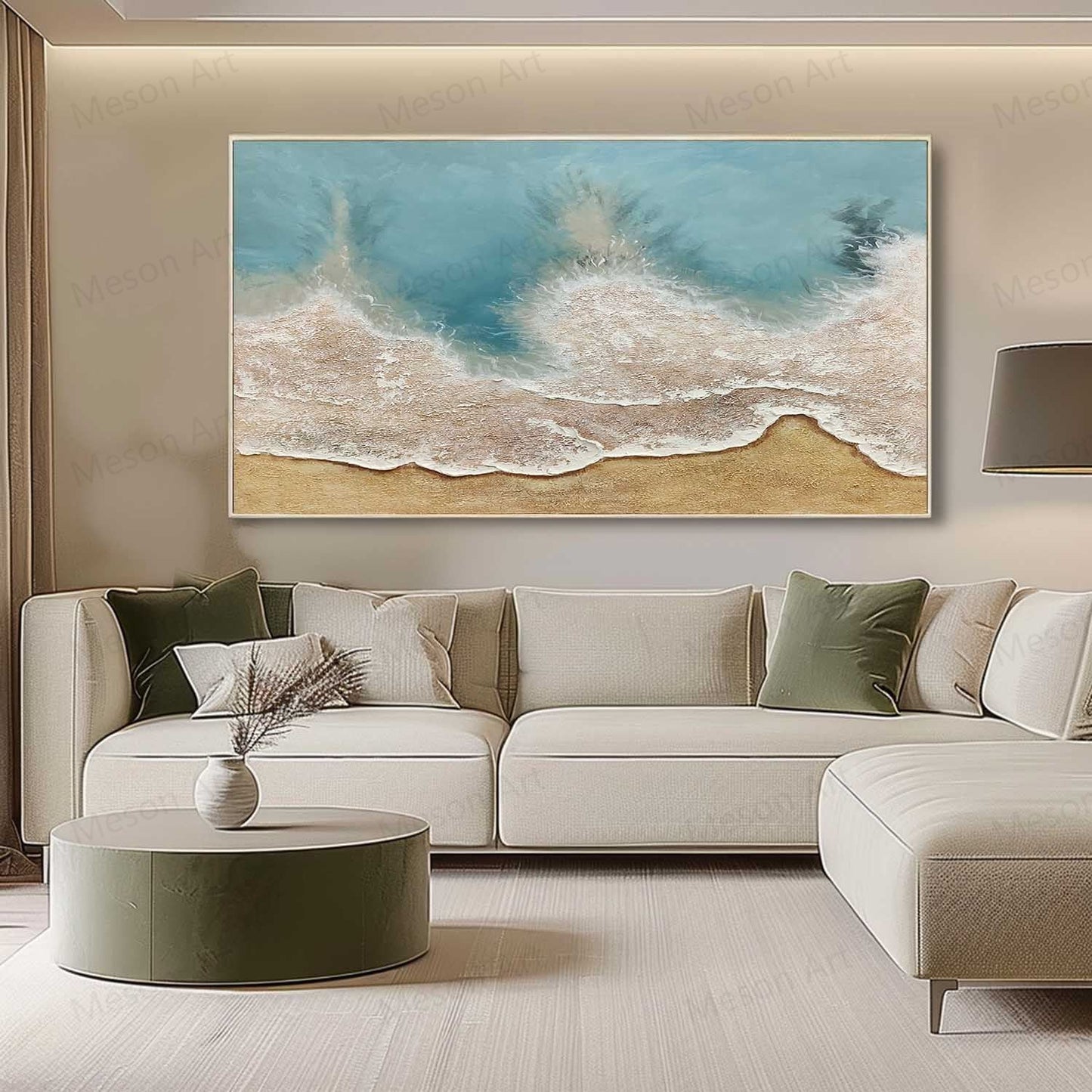 Coastal Serenity: Textured Oil Painting of Beach Waves and Sand