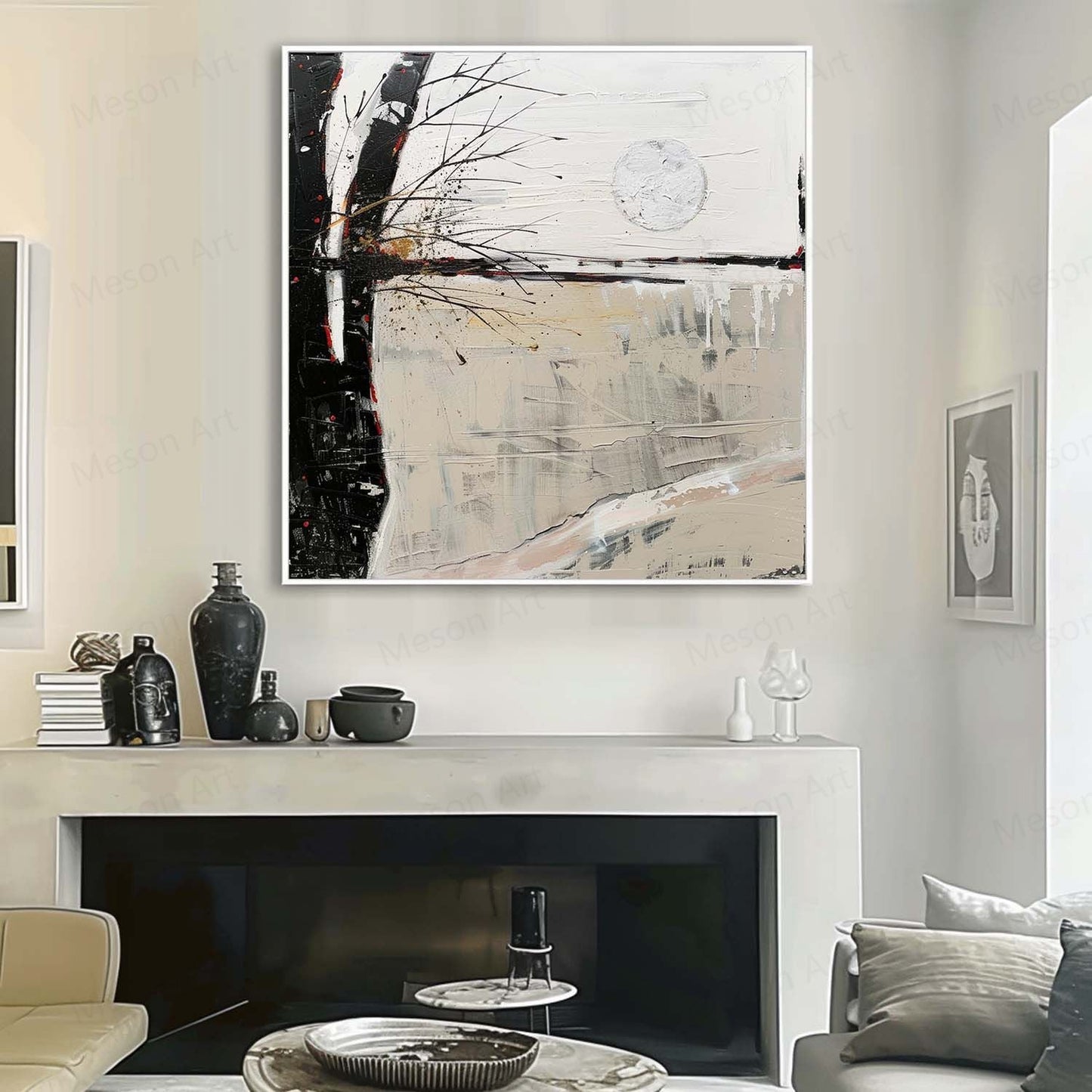 Serene Abstract Landscape Oil Painting with Moonlit Reflection and Minimalist Style