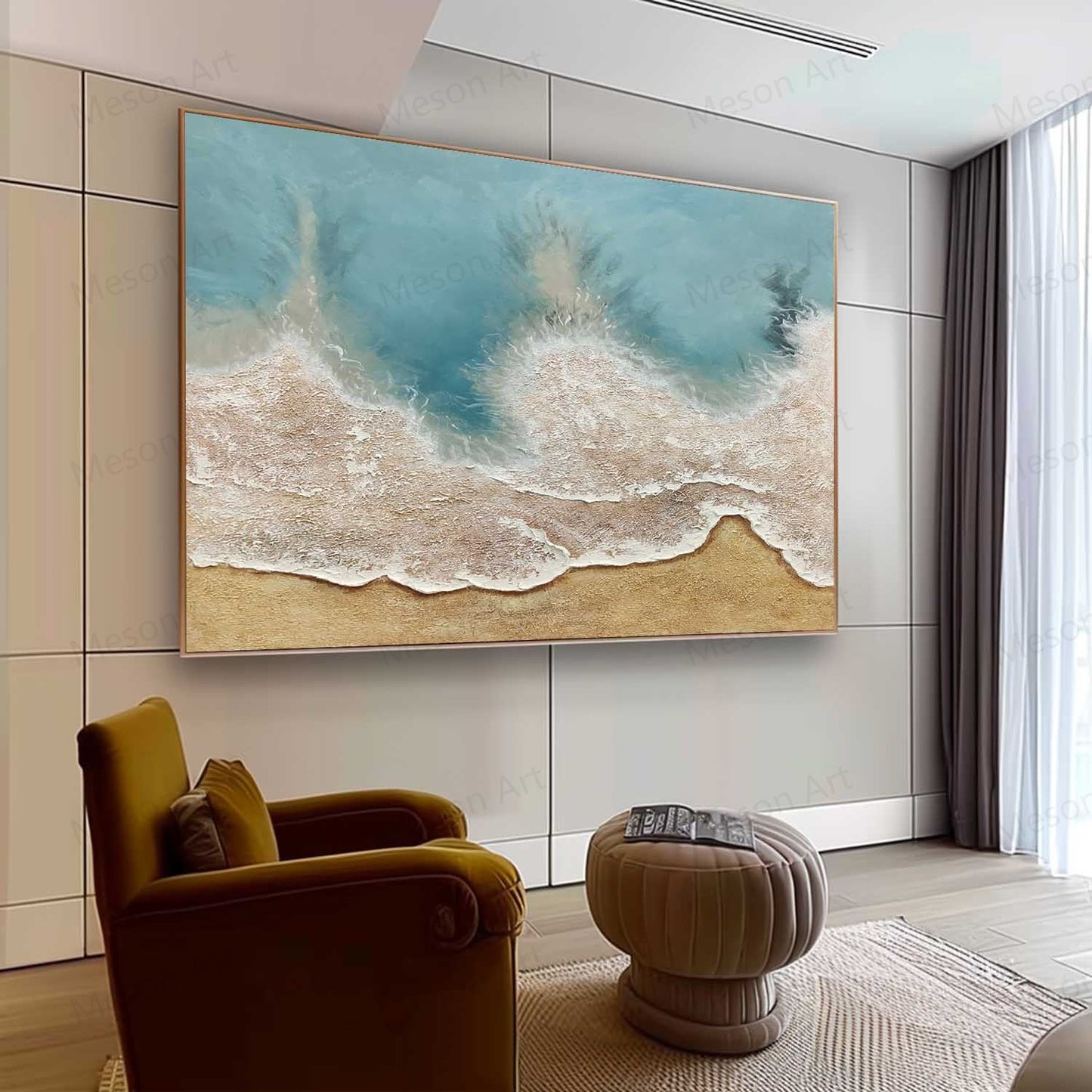 Coastal Serenity: Textured Oil Painting of Beach Waves and Sand