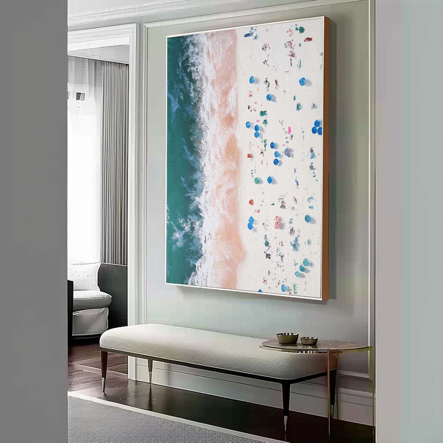 Vibrant Beach Waves Oil Painting with Textured Sand and Bright Colorful Details