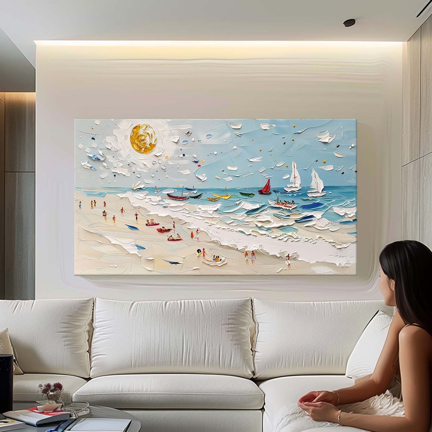 Vibrant Beach Scene Oil Painting with Boats and Sunlit Sky