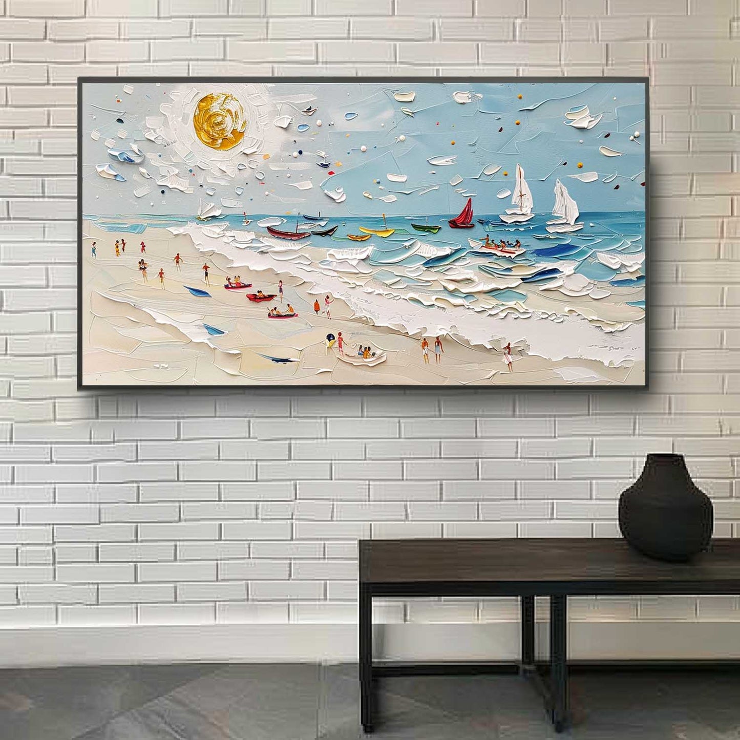 Vibrant Beach Scene Oil Painting with Boats and Sunlit Sky