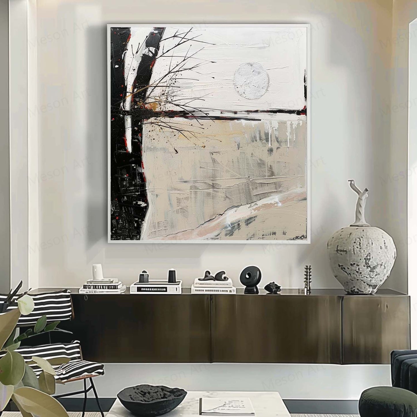 Serene Abstract Landscape Oil Painting with Moonlit Reflection and Minimalist Style