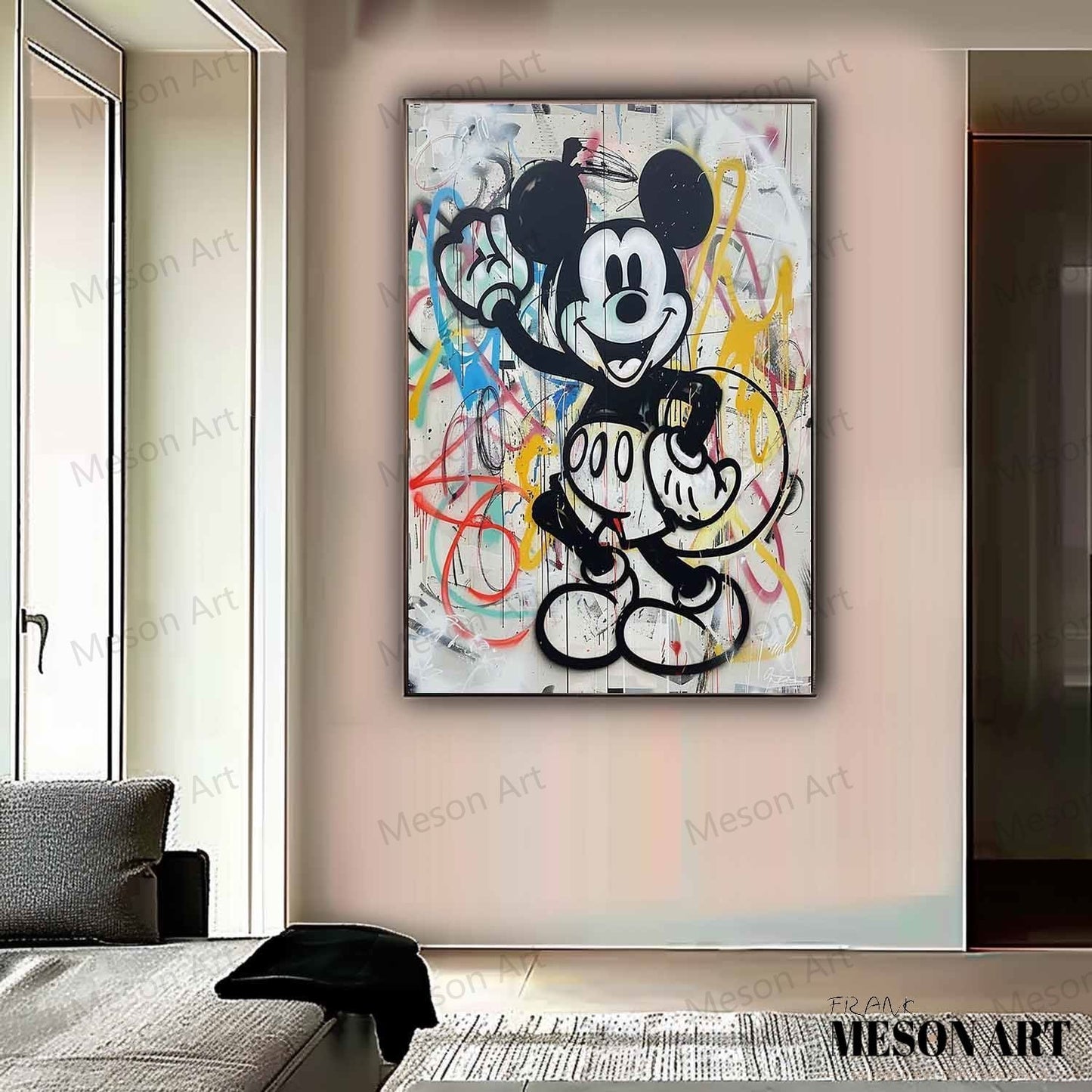 Colorful Pop Art Mickey Mouse on Canvas - Modern Abstract Oil Painting for Home Decor