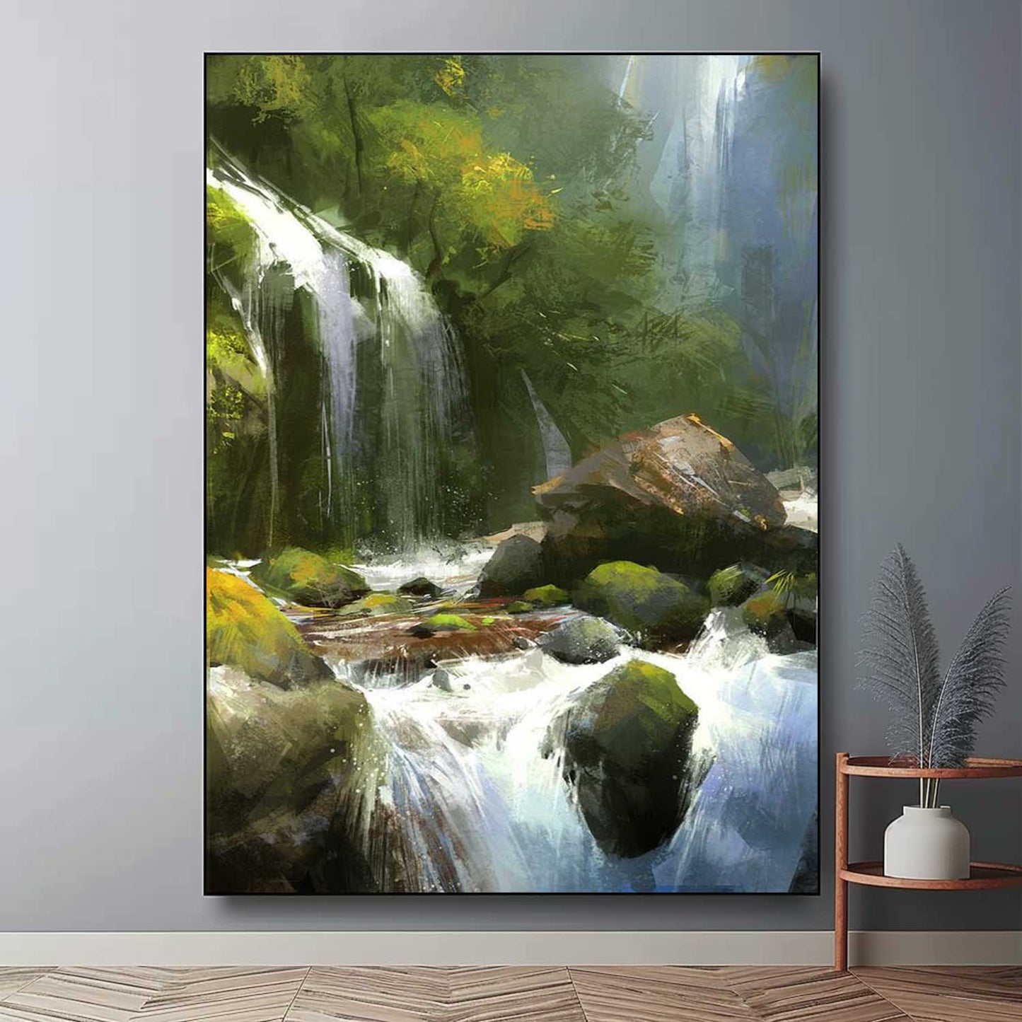 Lush Waterfall Landscape Oil Painting - Captivating Nature Art for Home Decor