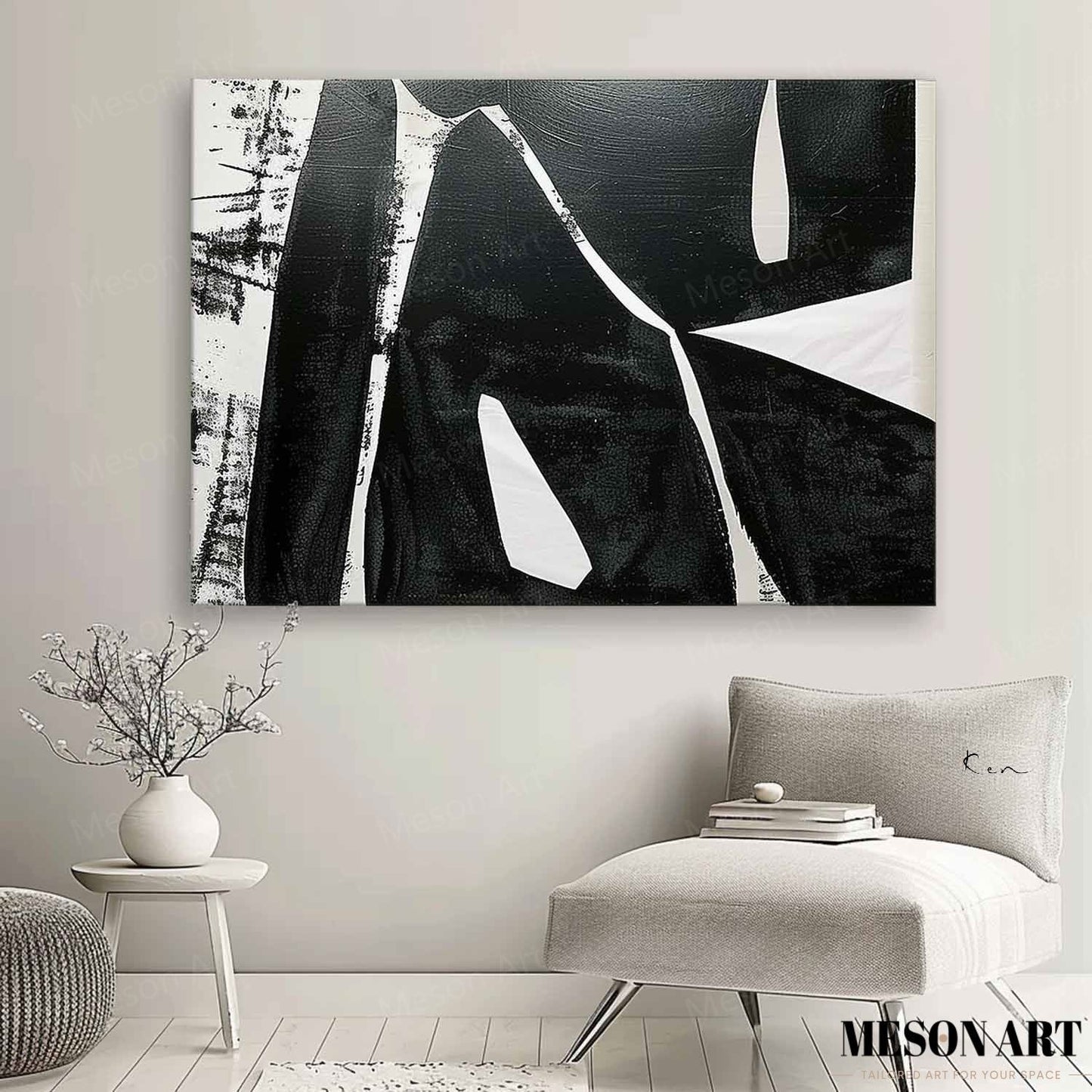 Modern Black and White Minimalist Oil Painting for Contemporary Spaces