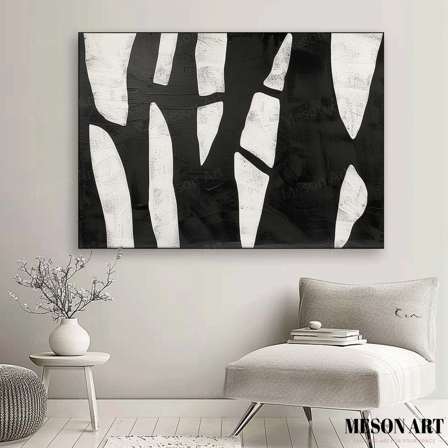 Black and White Contemporary Minimalist Oil Painting for Modern Home Decor
