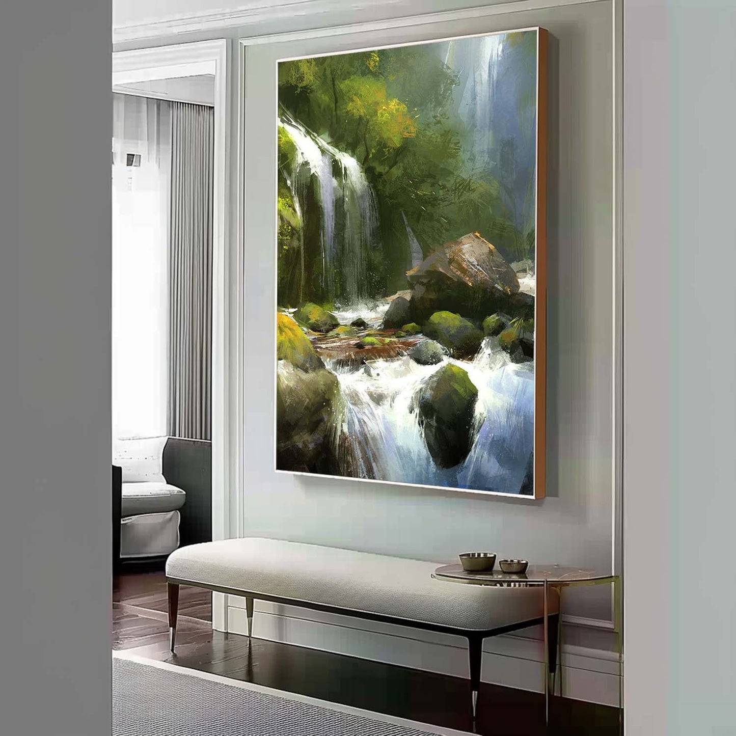 Lush Waterfall Landscape Oil Painting - Captivating Nature Art for Home Decor