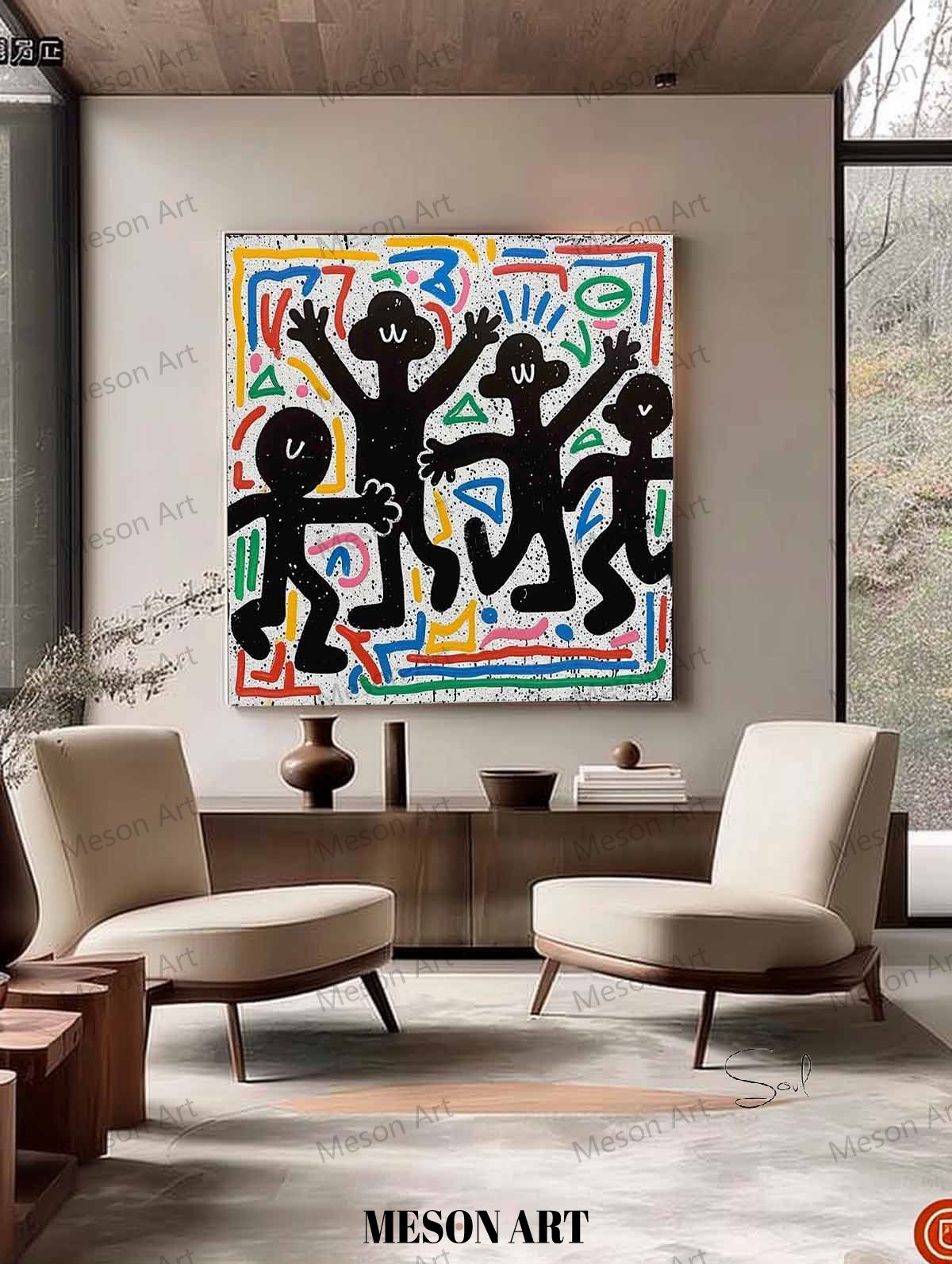 Colorful Abstract Expressionism: Vibrant Graffiti-Inspired Oil Painting for Modern Decor