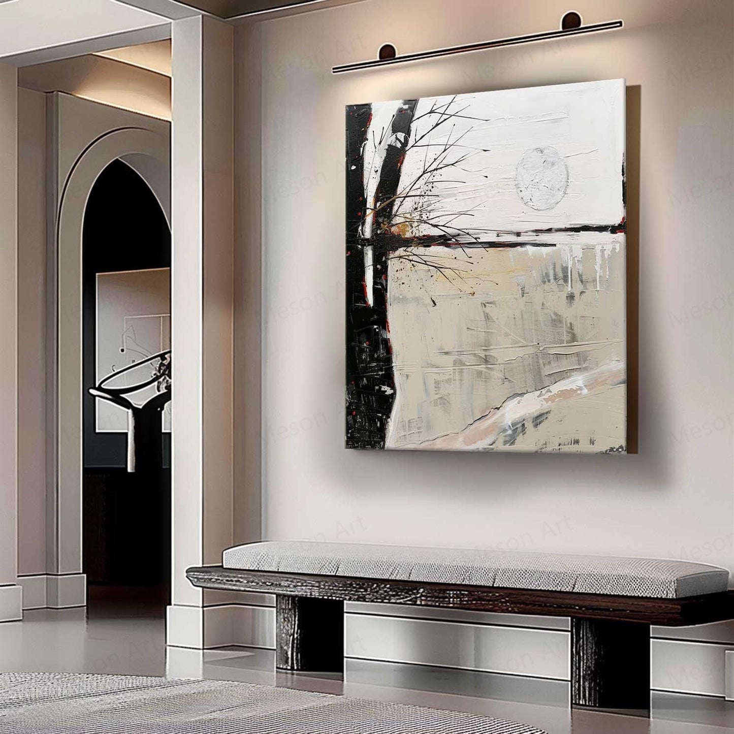 Serene Abstract Landscape Oil Painting with Moonlit Reflection and Minimalist Style
