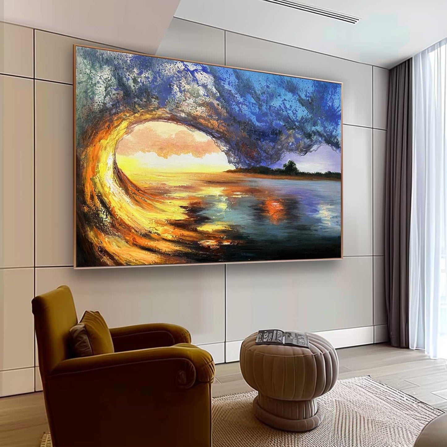 Stunning Hyperrealistic Wave Scene Oil Painting Capturing Ocean Sunset Beauty