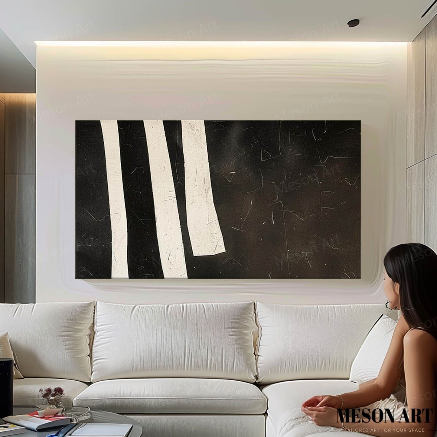 Elegant Black and White Minimalist Oil Painting for Modern Home Decor