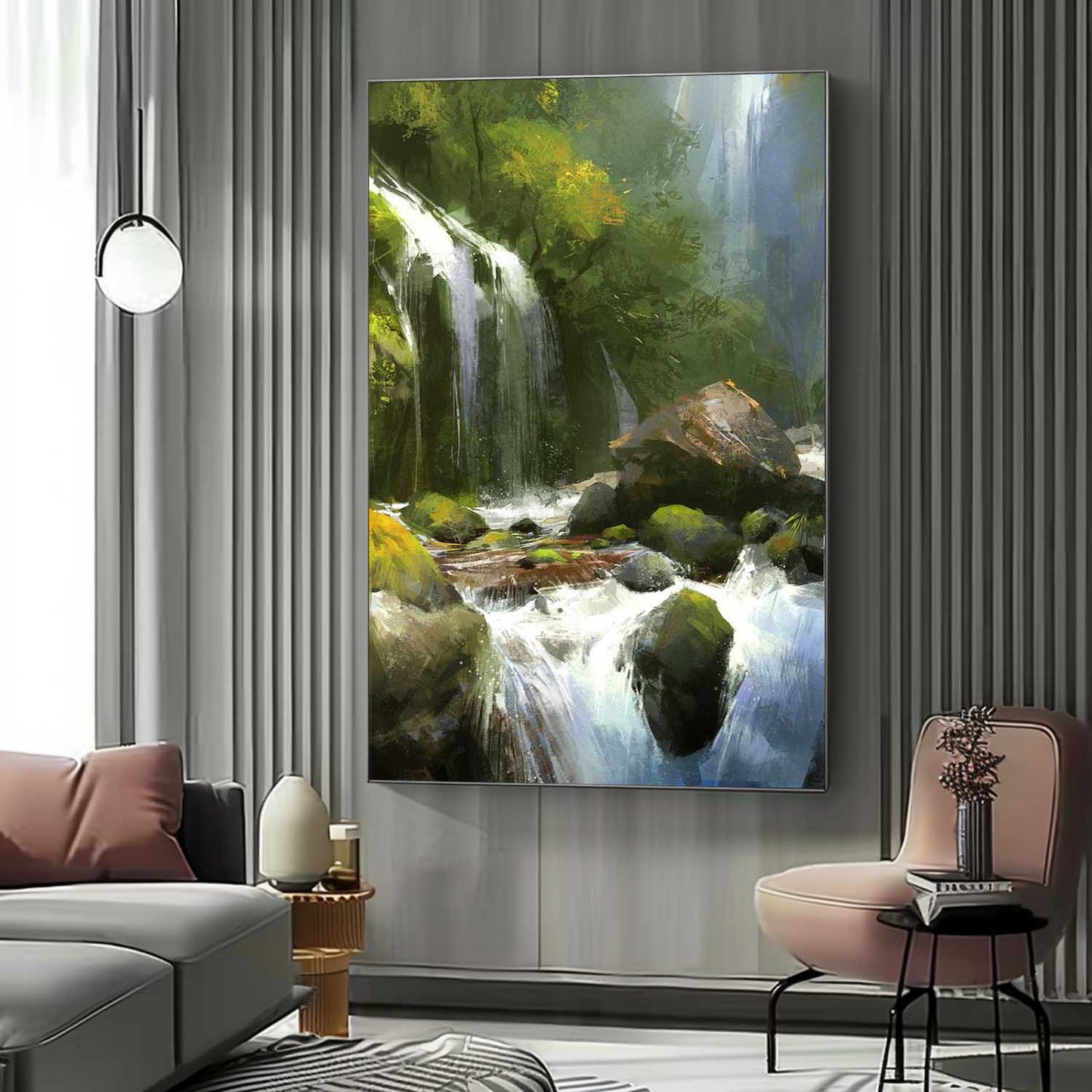 Lush Waterfall Landscape Oil Painting - Captivating Nature Art for Home Decor
