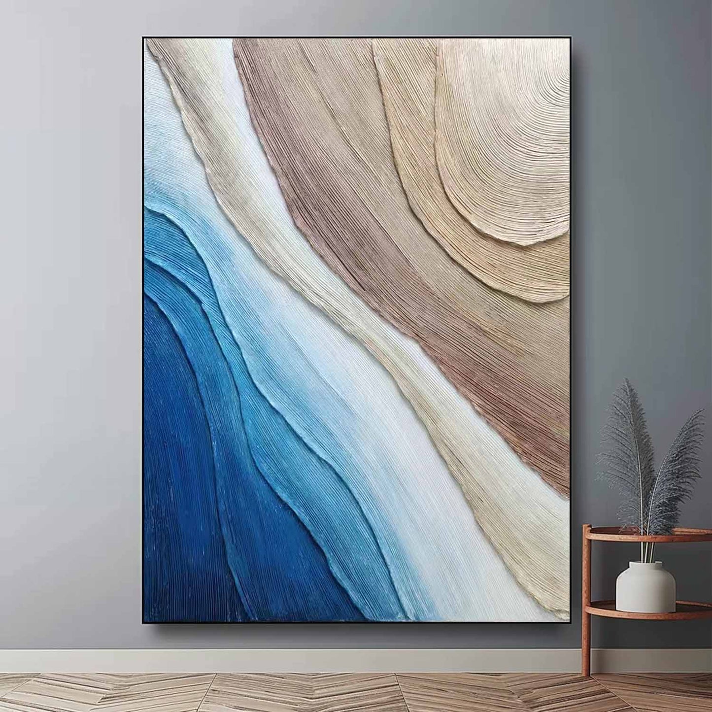 Abstract Ocean Waves Oil Painting with Textured Layers in Blues and Neutrals