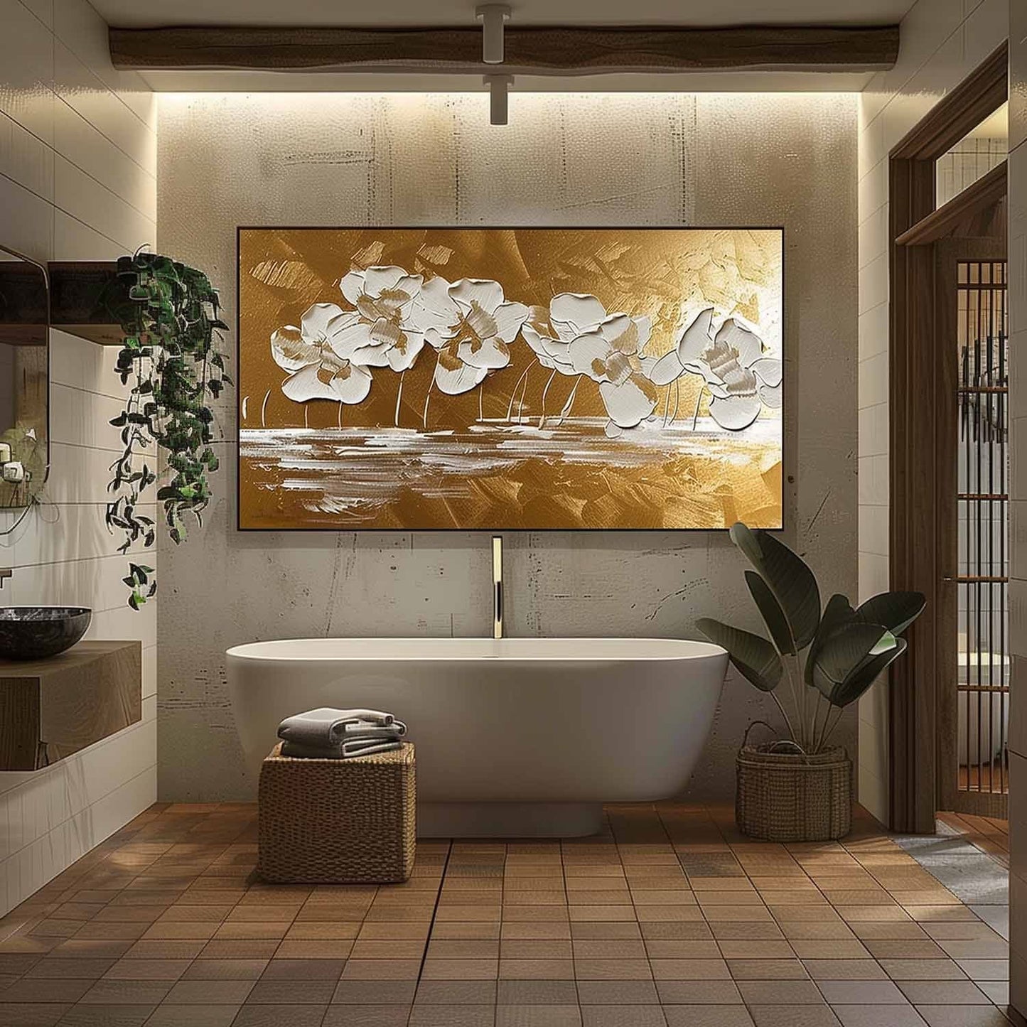 Elegant White Flower Oil Painting with Gold Background for Home Decor