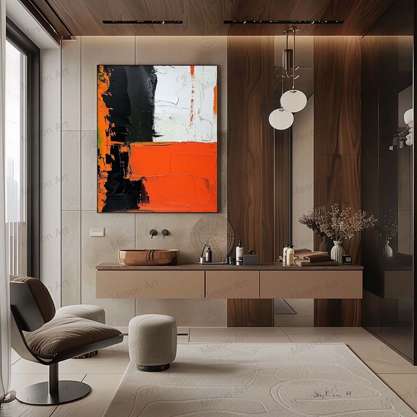 Bold Abstract Oil Painting with Black, White, and Orange Accents for Modern Decor
