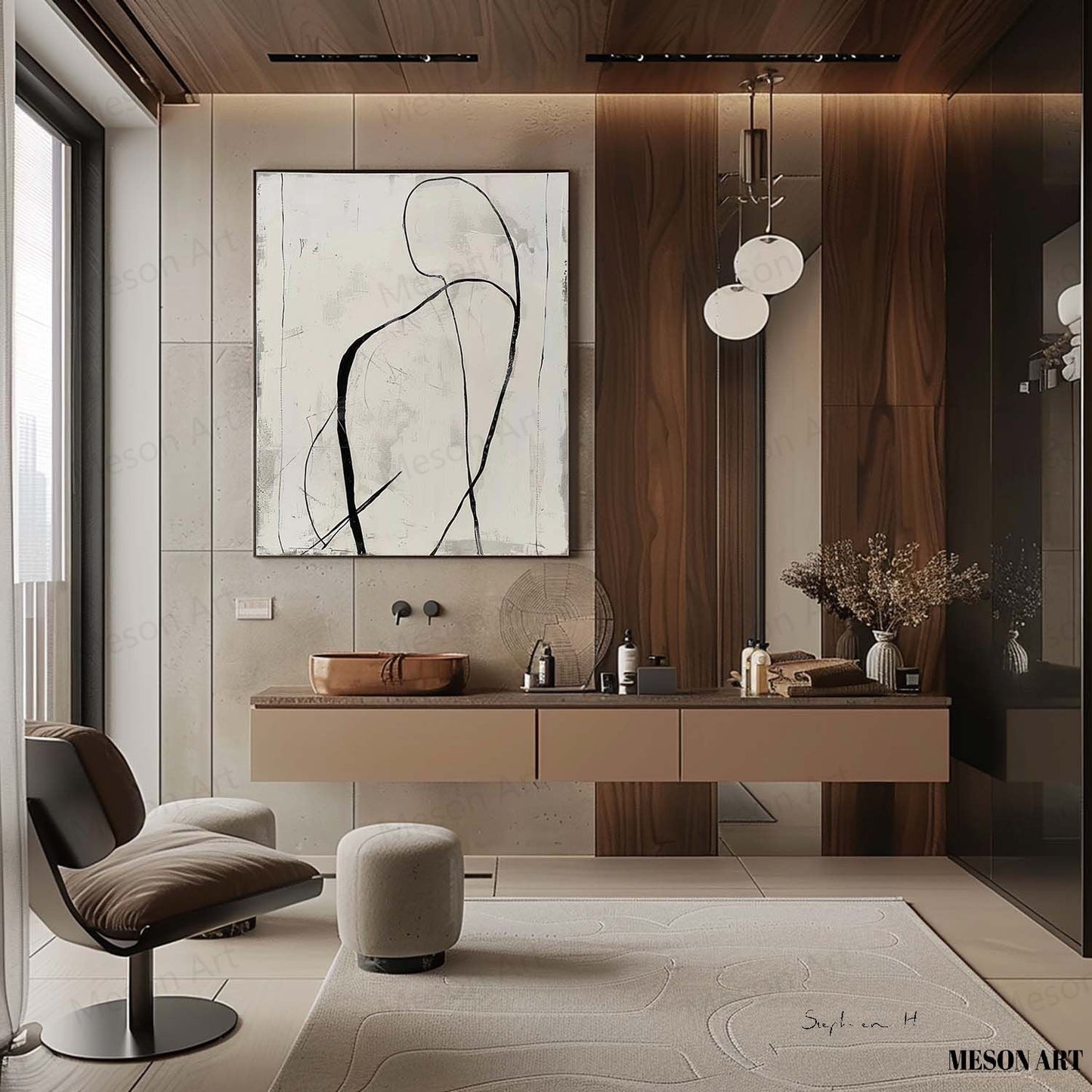 Elegant Black and White Abstract Minimalist Oil Painting for Modern Home Decor