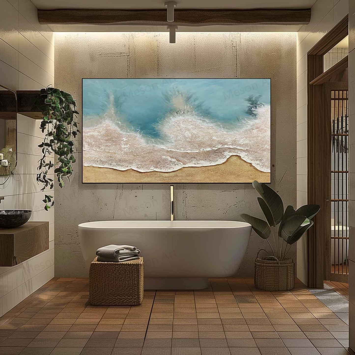 Coastal Serenity: Textured Oil Painting of Beach Waves and Sand